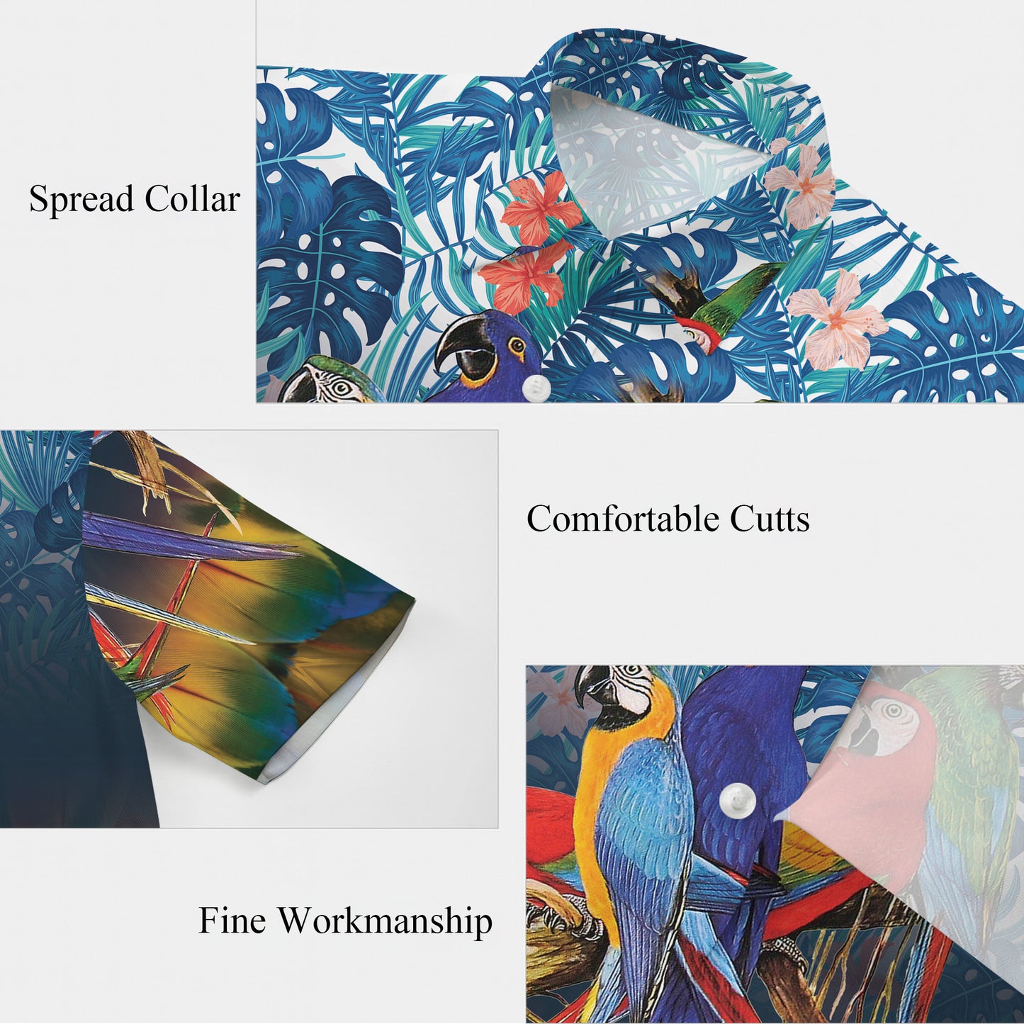 Colorful Parrots on Branch & Tropical Leaves Hawaiian Shirt