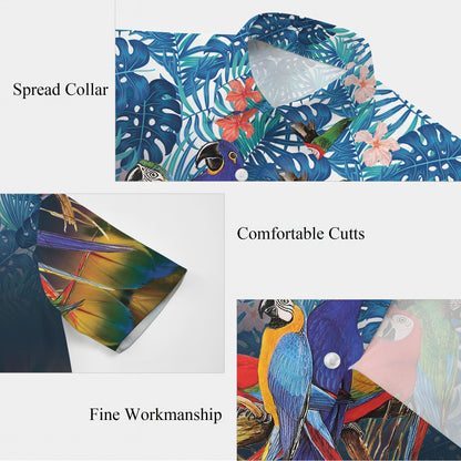 Colorful Parrots on Branch & Tropical Leaves Hawaiian Shirt