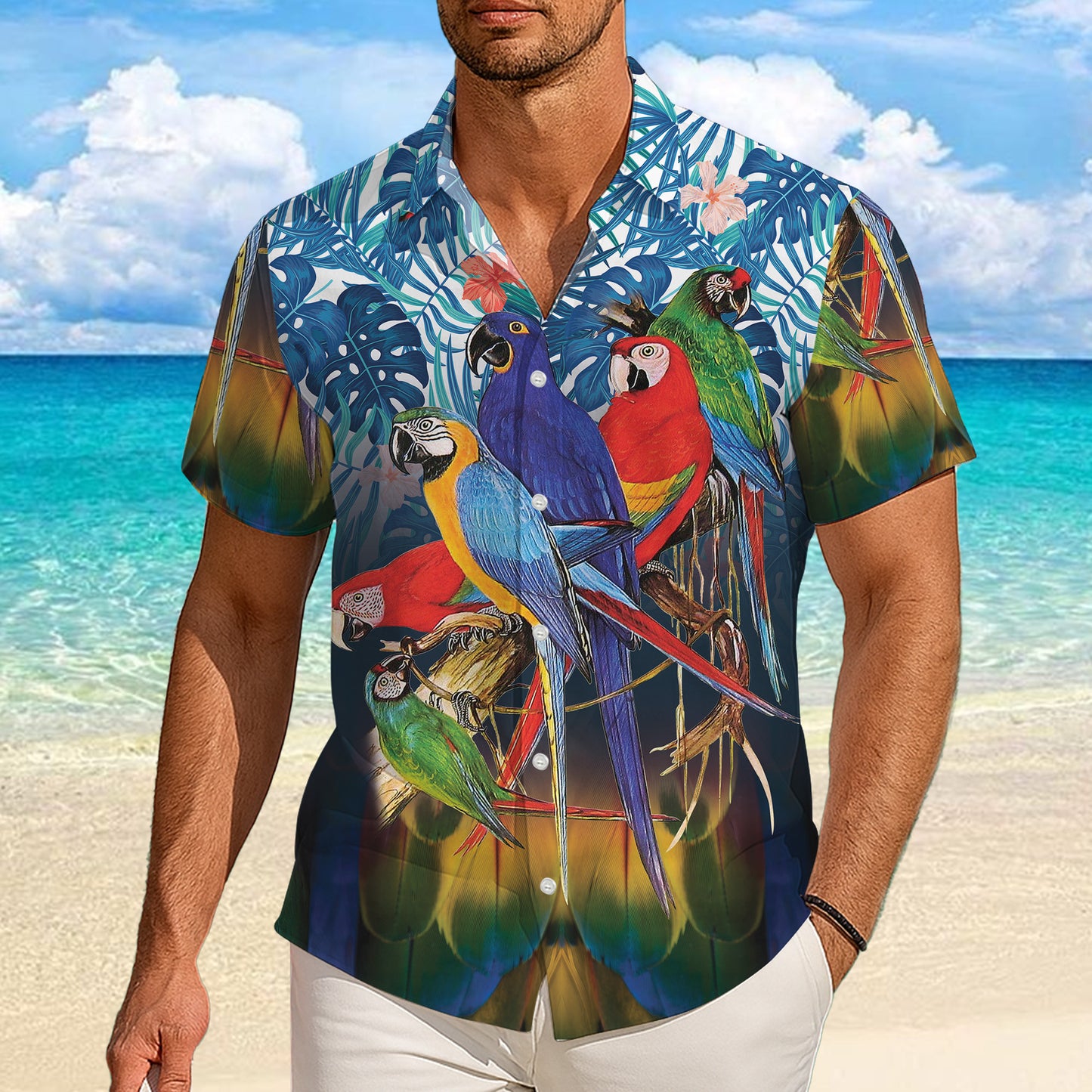 Colorful Parrots on Branch & Tropical Leaves Hawaiian Shirt
