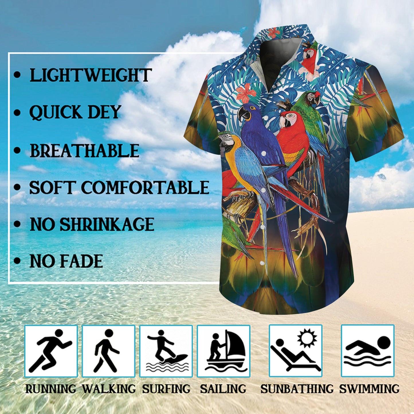 Colorful Parrots on Branch & Tropical Leaves Hawaiian Shirt