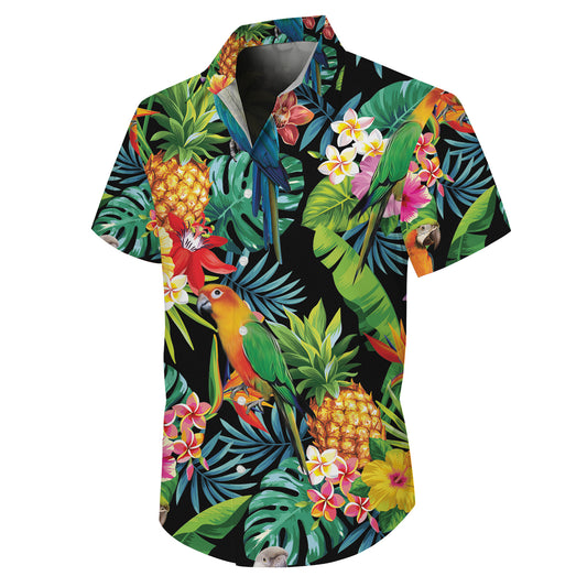 Parrots, Pineapples & Tropical Flowers Dark Hawaiian Shirt
