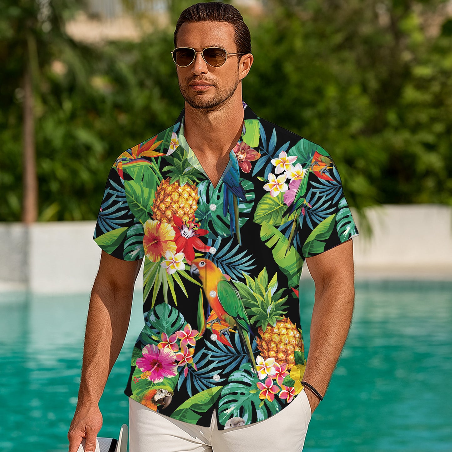 Parrots, Pineapples & Tropical Flowers Dark Hawaiian Shirt