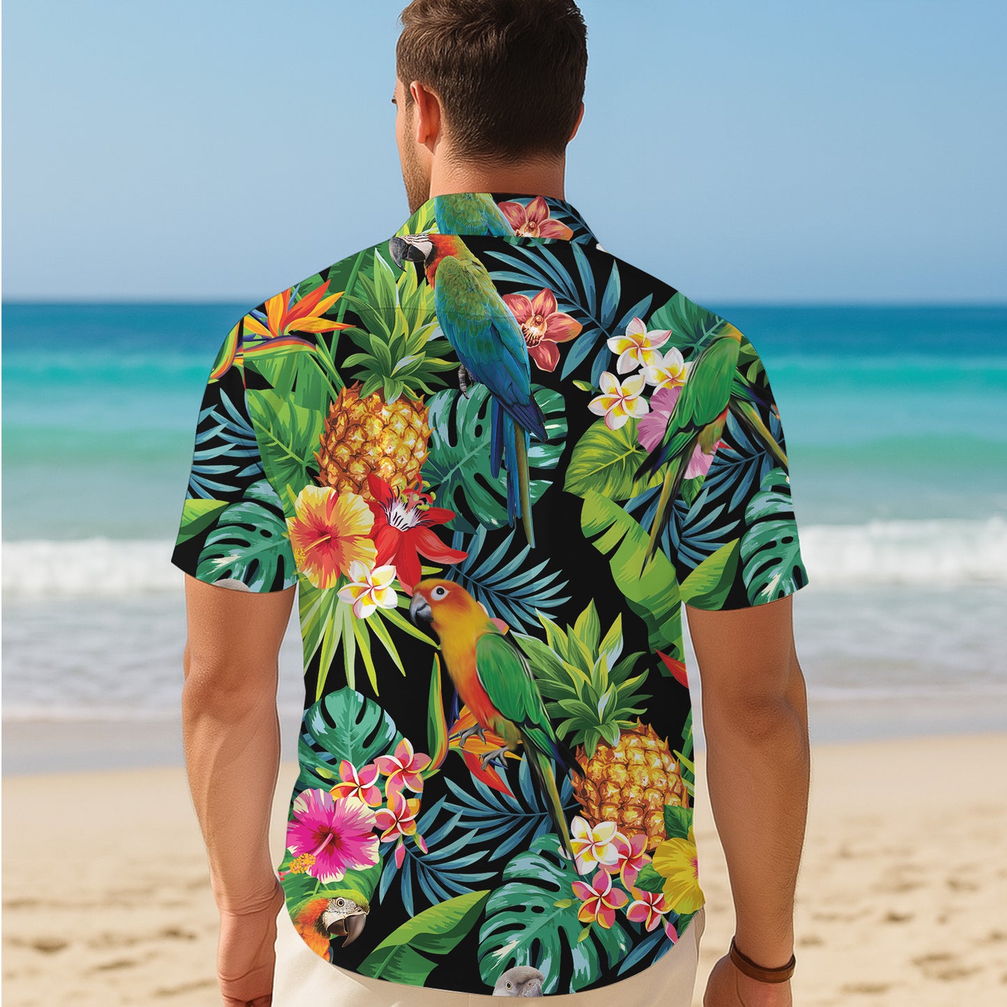 Parrots, Pineapples & Tropical Flowers Dark Hawaiian Shirt