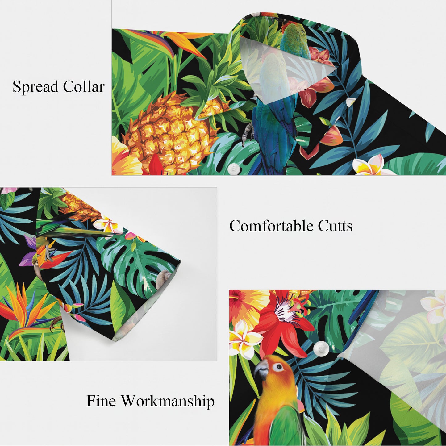 Parrots, Pineapples & Tropical Flowers Dark Hawaiian Shirt