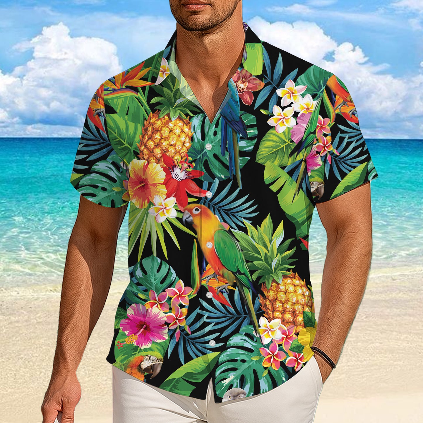 Parrots, Pineapples & Tropical Flowers Dark Hawaiian Shirt