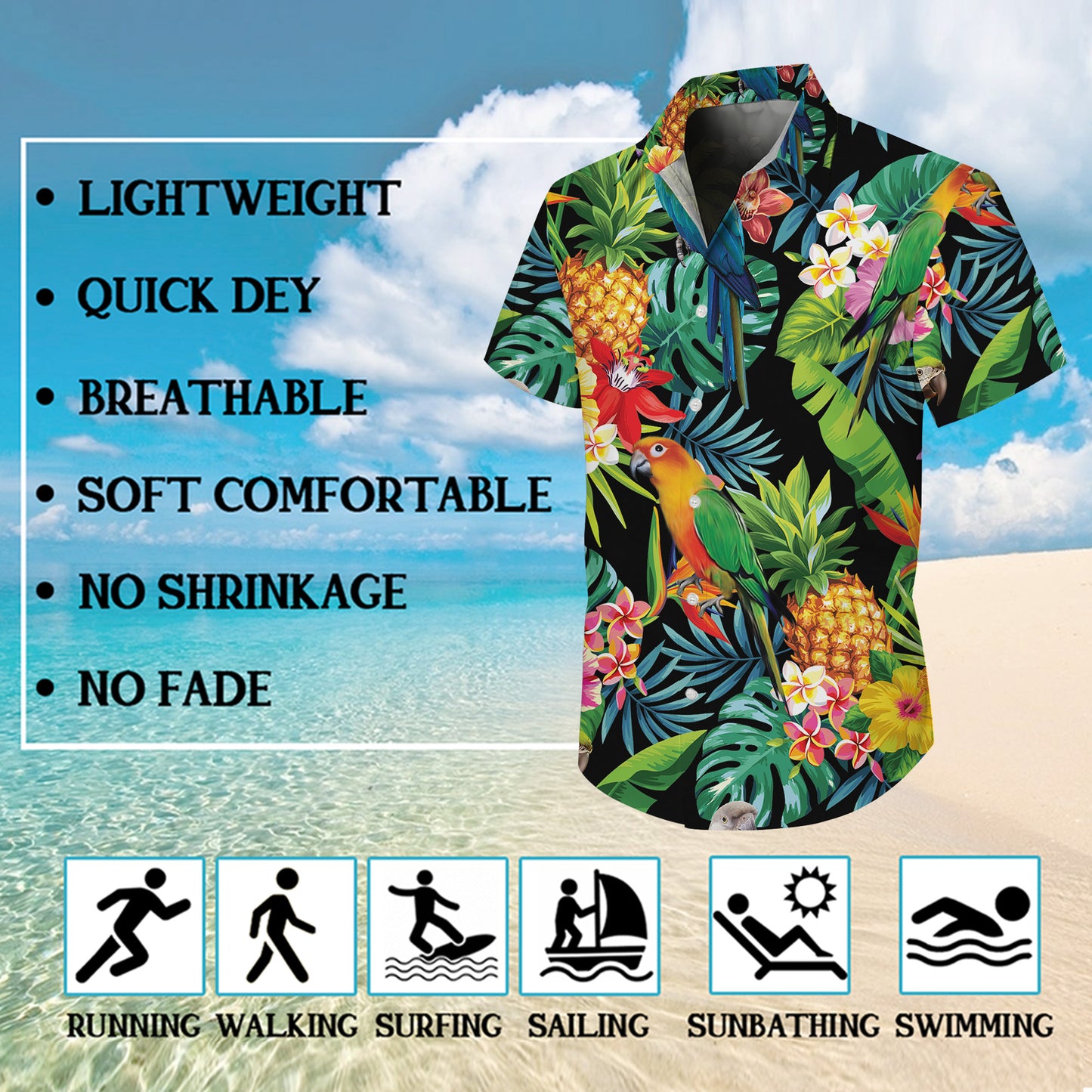 Parrots, Pineapples & Tropical Flowers Dark Hawaiian Shirt