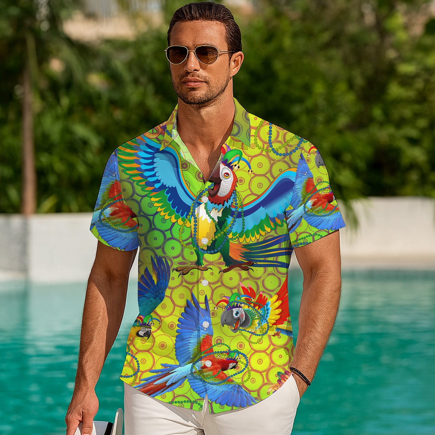 Carnival Parrots & Beads Yellow Pattern Hawaiian Shirt