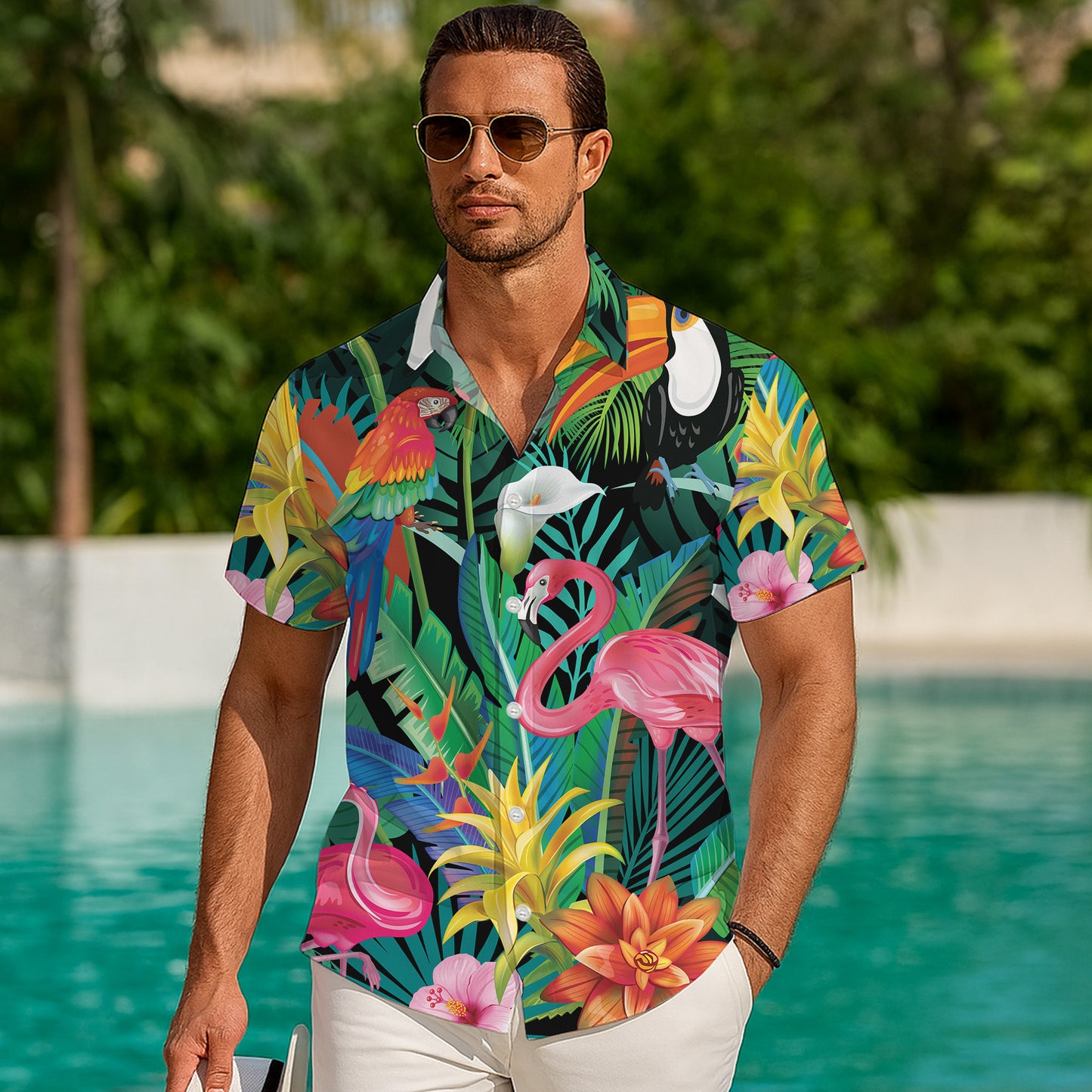 Flamingo, Toucan & Parrots Tropical Dark Hawaiian Shirt