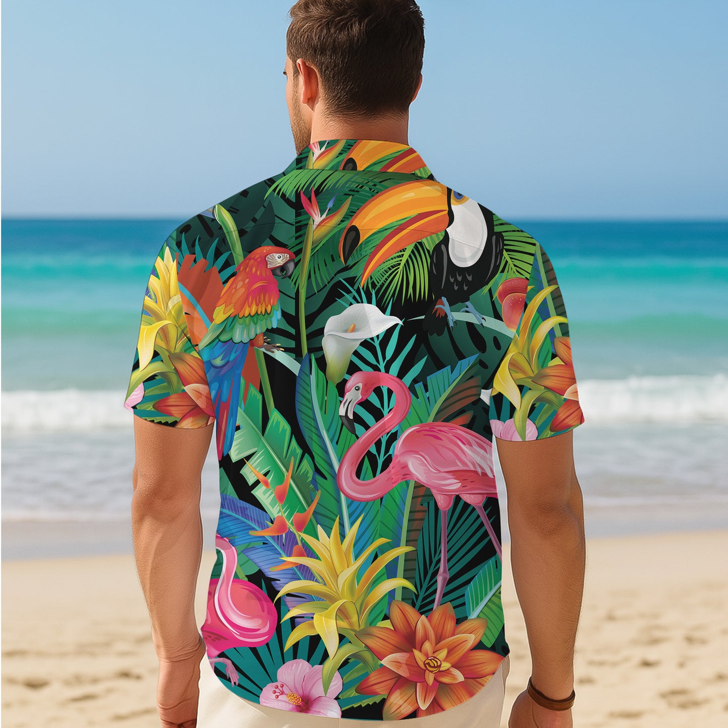Flamingo, Toucan & Parrots Tropical Dark Hawaiian Shirt