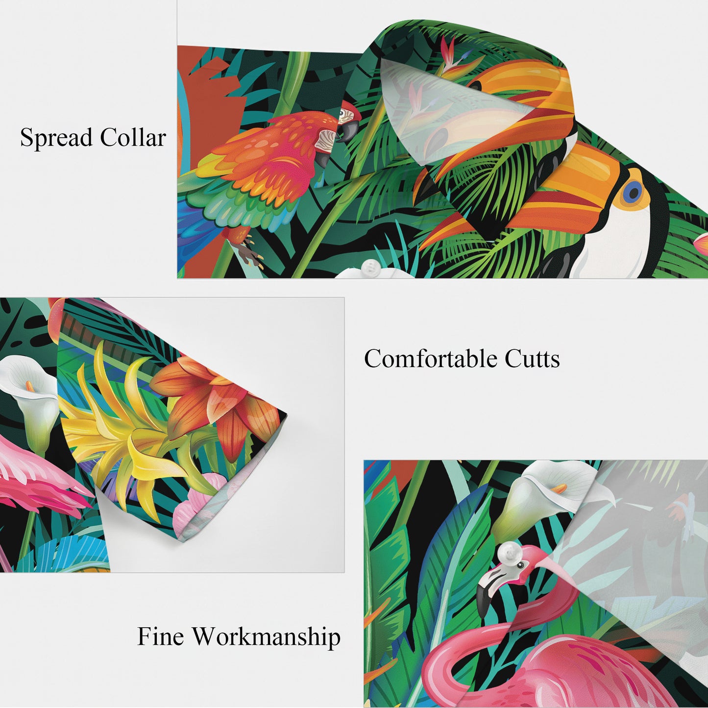 Flamingo, Toucan & Parrots Tropical Dark Hawaiian Shirt