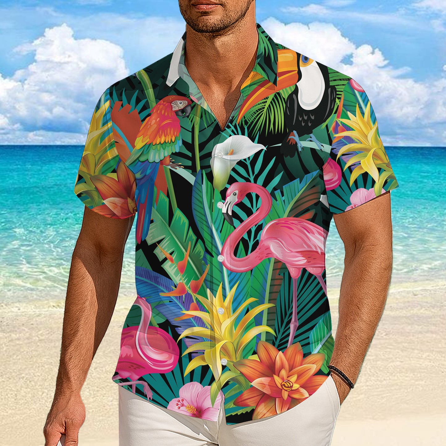 Flamingo, Toucan & Parrots Tropical Dark Hawaiian Shirt