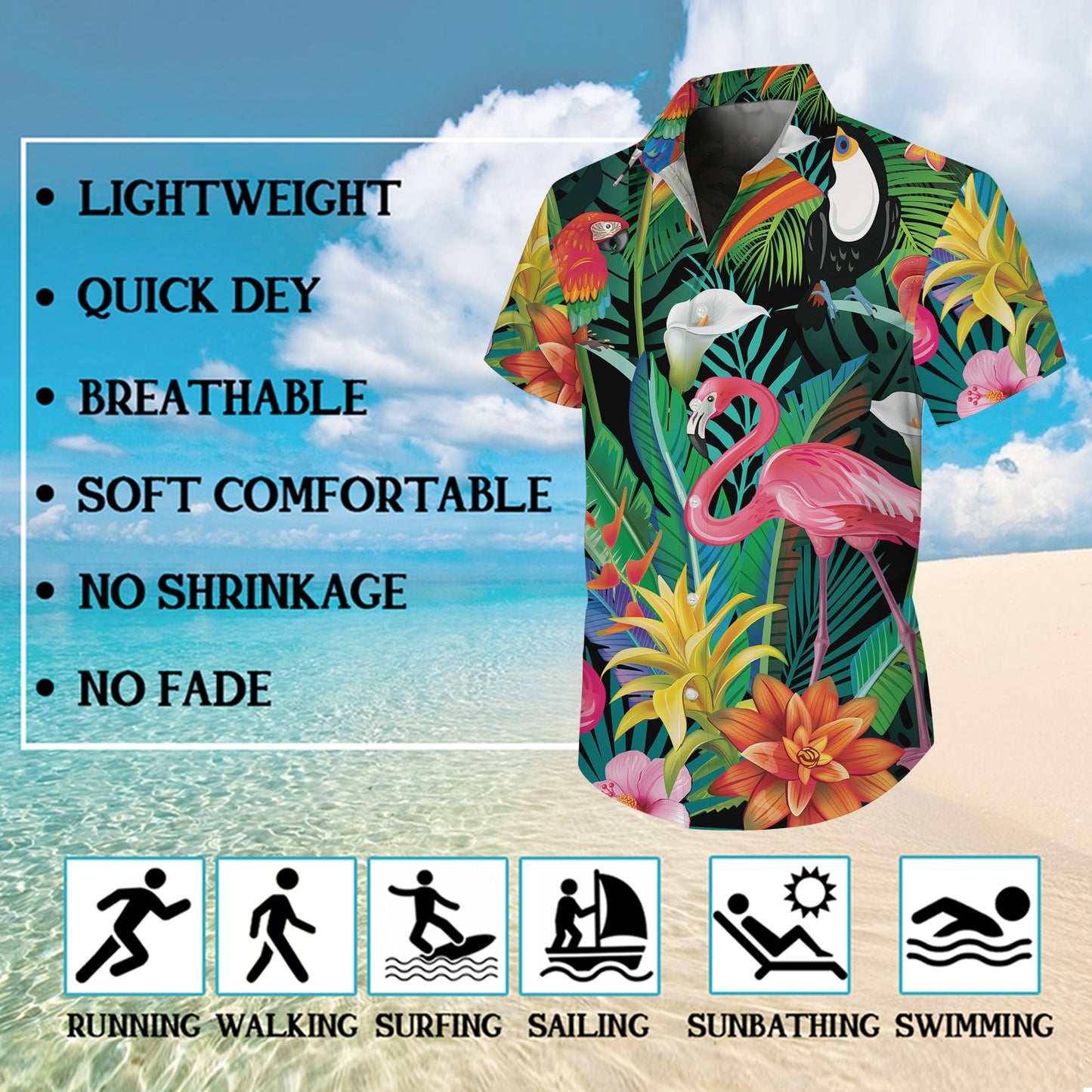 Flamingo, Toucan & Parrots Tropical Dark Hawaiian Shirt