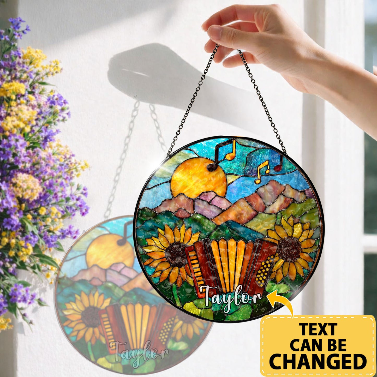 Accordion Suncatcher, Sunflower Stained Glass Window Hanging, Music Lover Gifts, Suncatchers For Windows Hanging, Garden Suncatchers, Stained Glass Suncatcher, Window Decorations, Sun Catcher