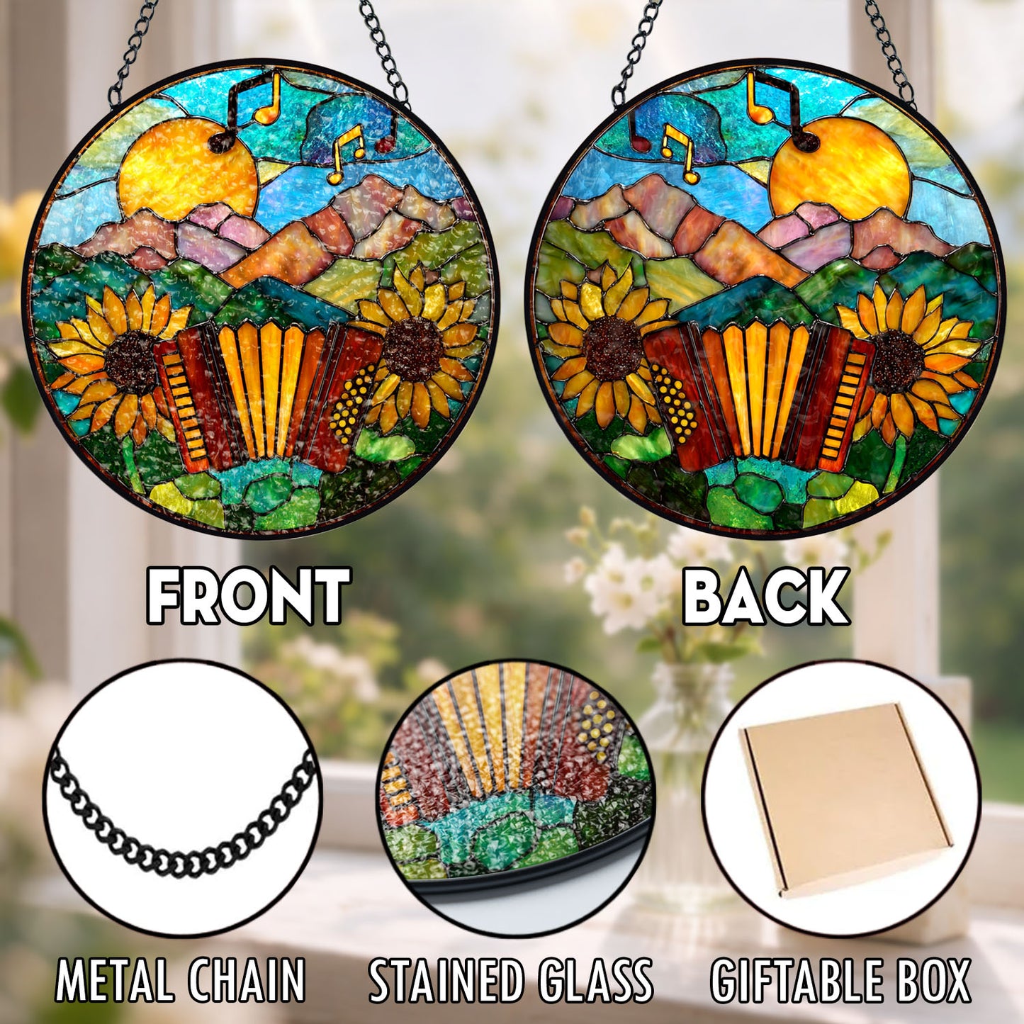 Accordion Suncatcher, Sunflower Stained Glass Window Hanging, Music Lover Gifts, Suncatchers For Windows Hanging, Garden Suncatchers, Stained Glass Suncatcher, Window Decorations, Sun Catcher