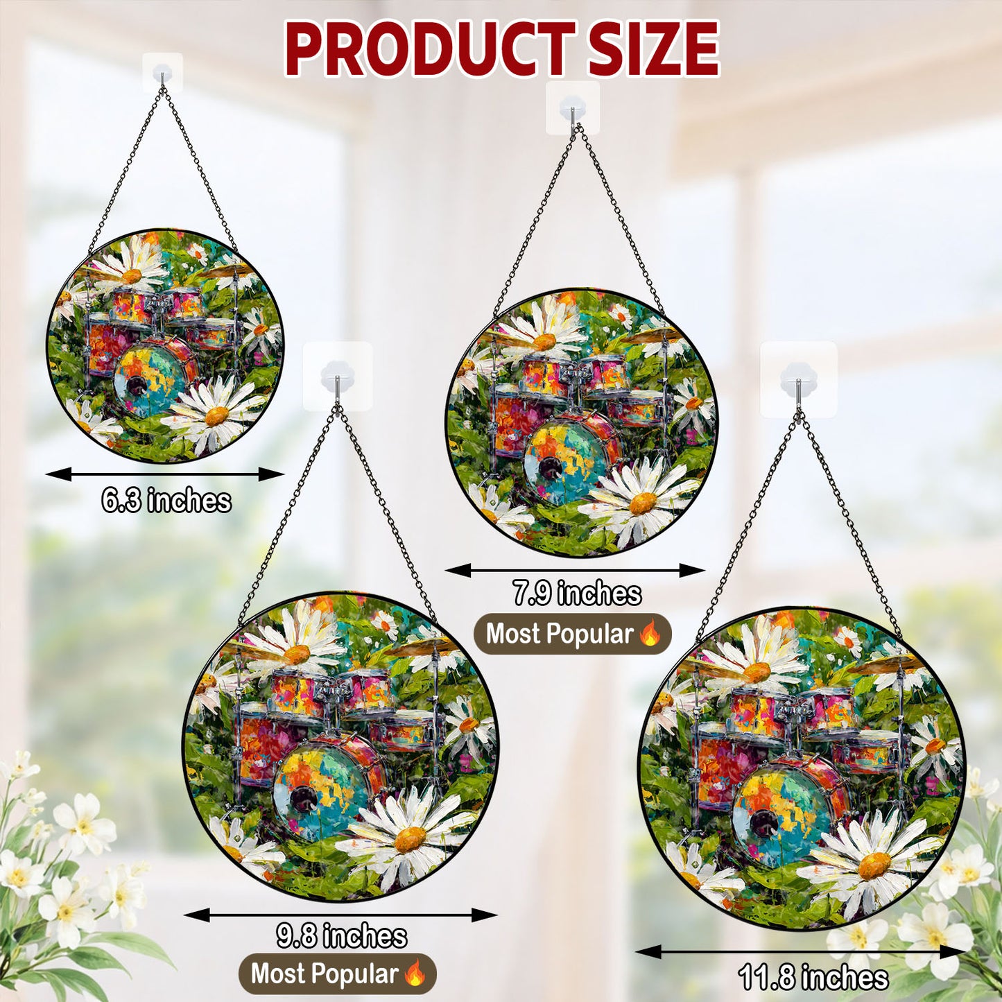 Drum Suncatcher, Daisy Stained Glass Window Hanging, Music Lover Window Decor