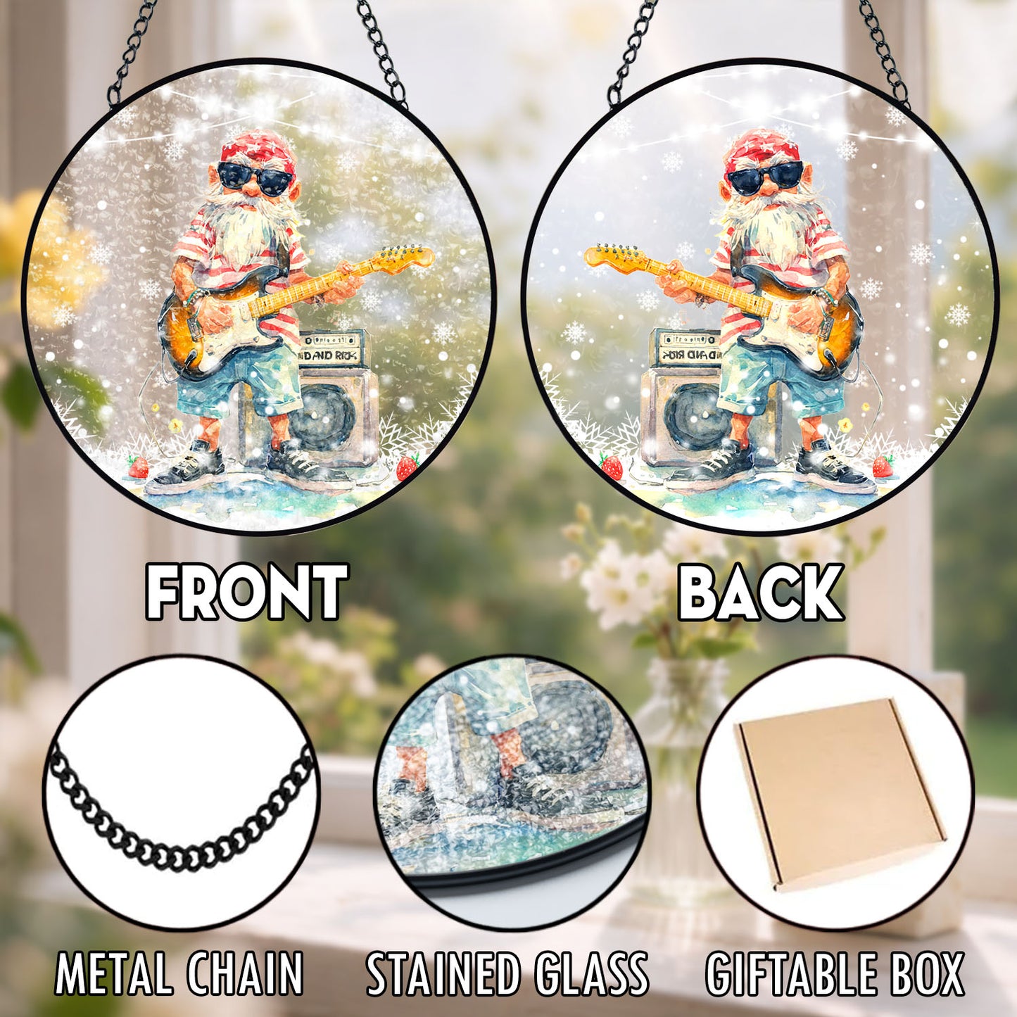 Guitar Gnome Suncatcher, Rock Music Stained Glass Window Hanging, Music Lover Gift