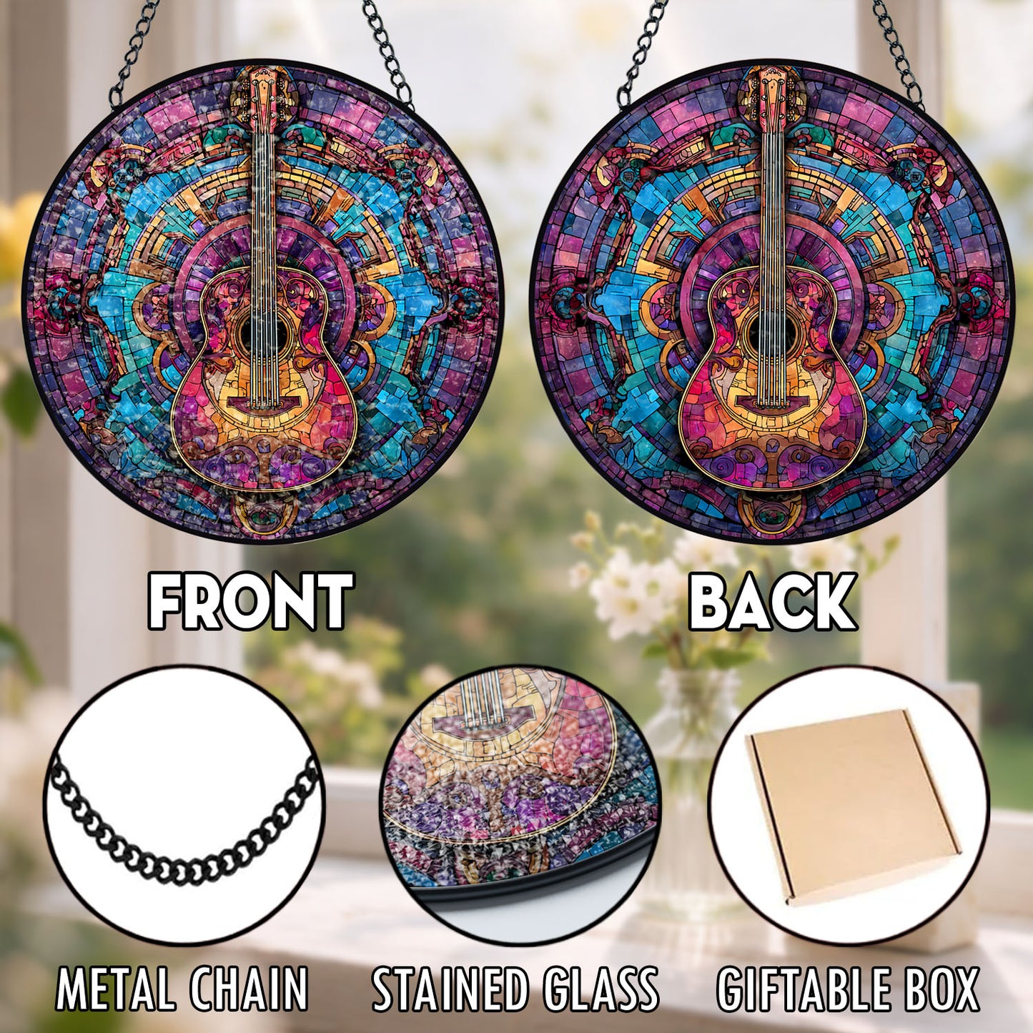 Acoustic Guitar Suncatcher, Mosaic Stained Glass Window Hanging, Music Lover Gift