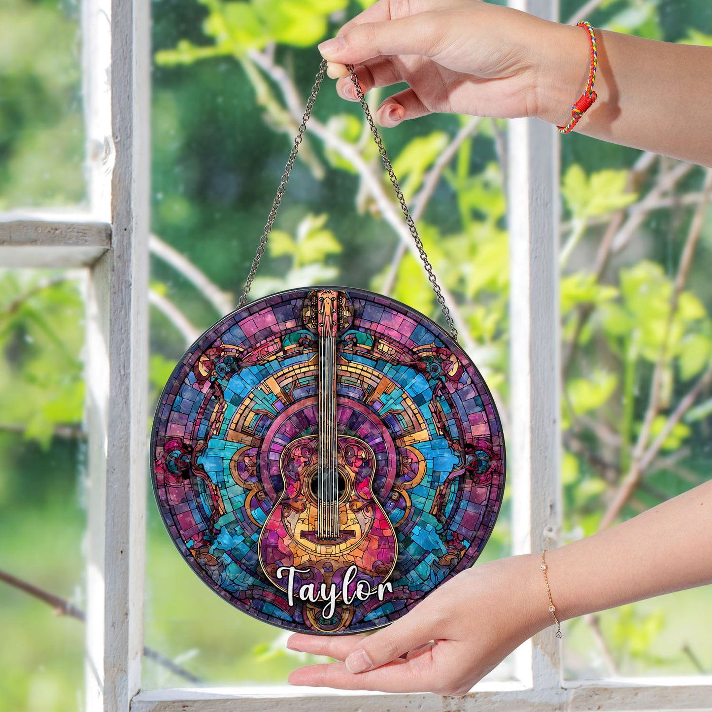 Acoustic Guitar Suncatcher, Mosaic Stained Glass Window Hanging, Music Lover Gift