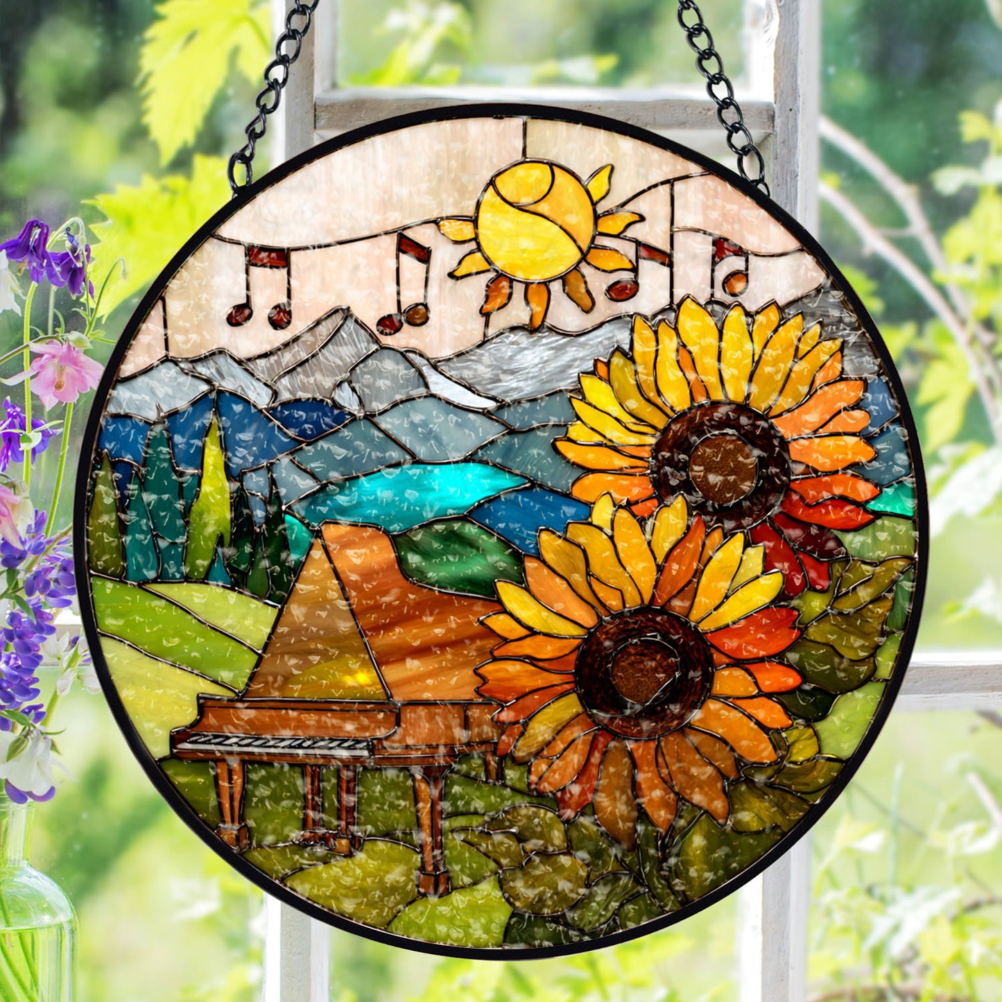 Piano Suncatcher, Sunflower Stained Glass Window Hanging, Music Lover Gift