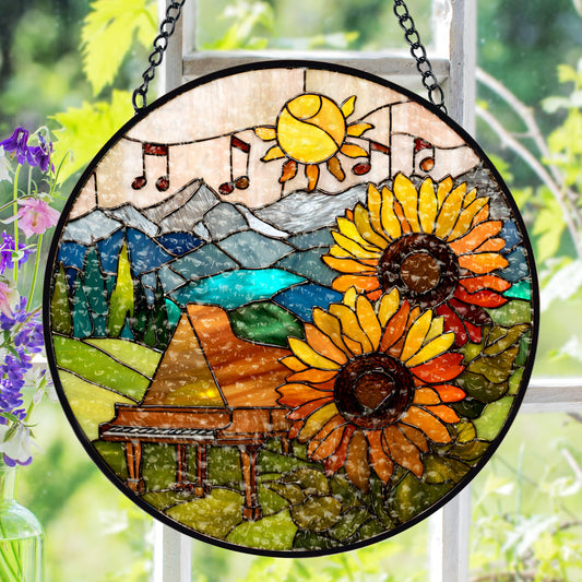 Piano Suncatcher, Sunflower Stained Glass Window Hanging, Music Lover Gift