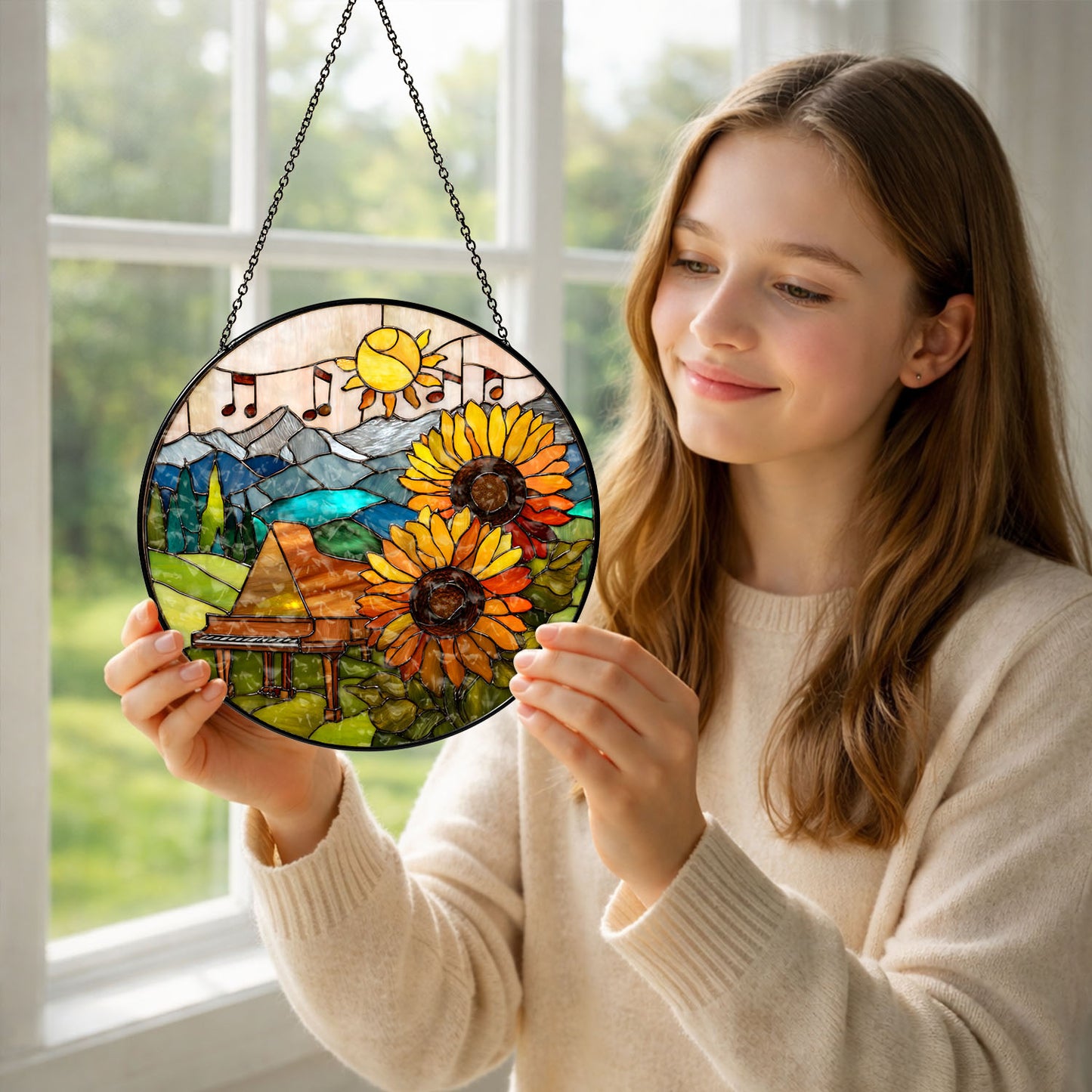 Piano Suncatcher, Sunflower Stained Glass Window Hanging, Music Lover Gift