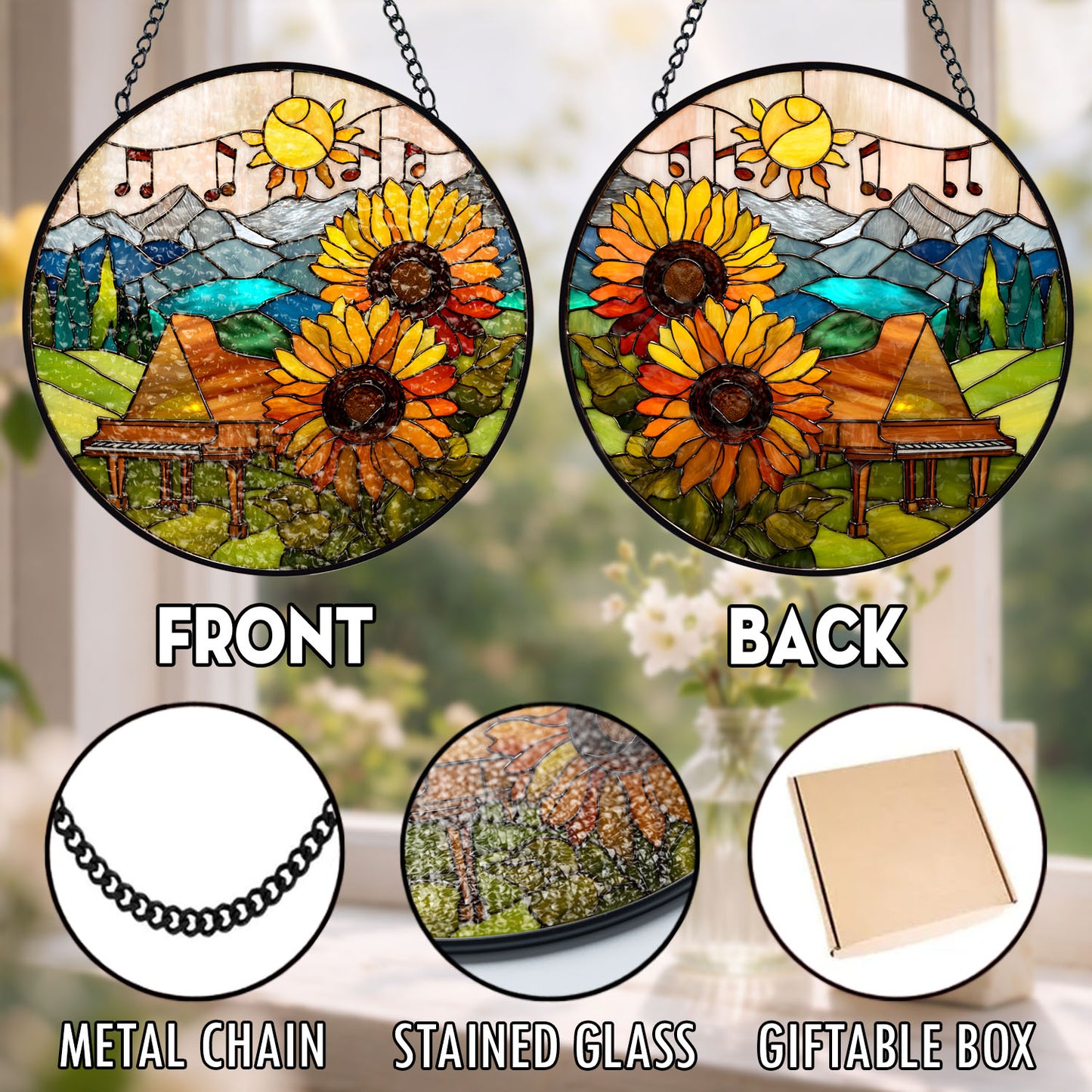 Piano Suncatcher, Sunflower Stained Glass Window Hanging, Music Lover Gift