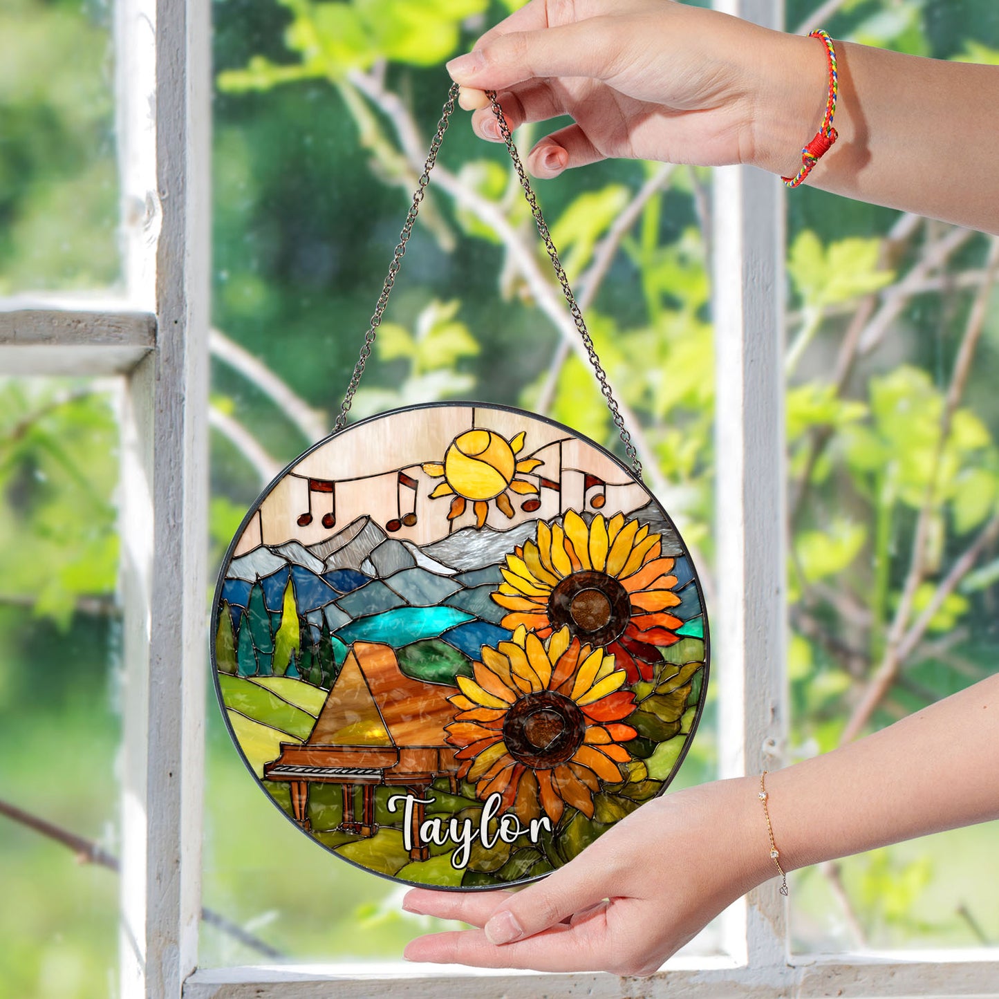 Piano Suncatcher, Sunflower Stained Glass Window Hanging, Music Lover Gift