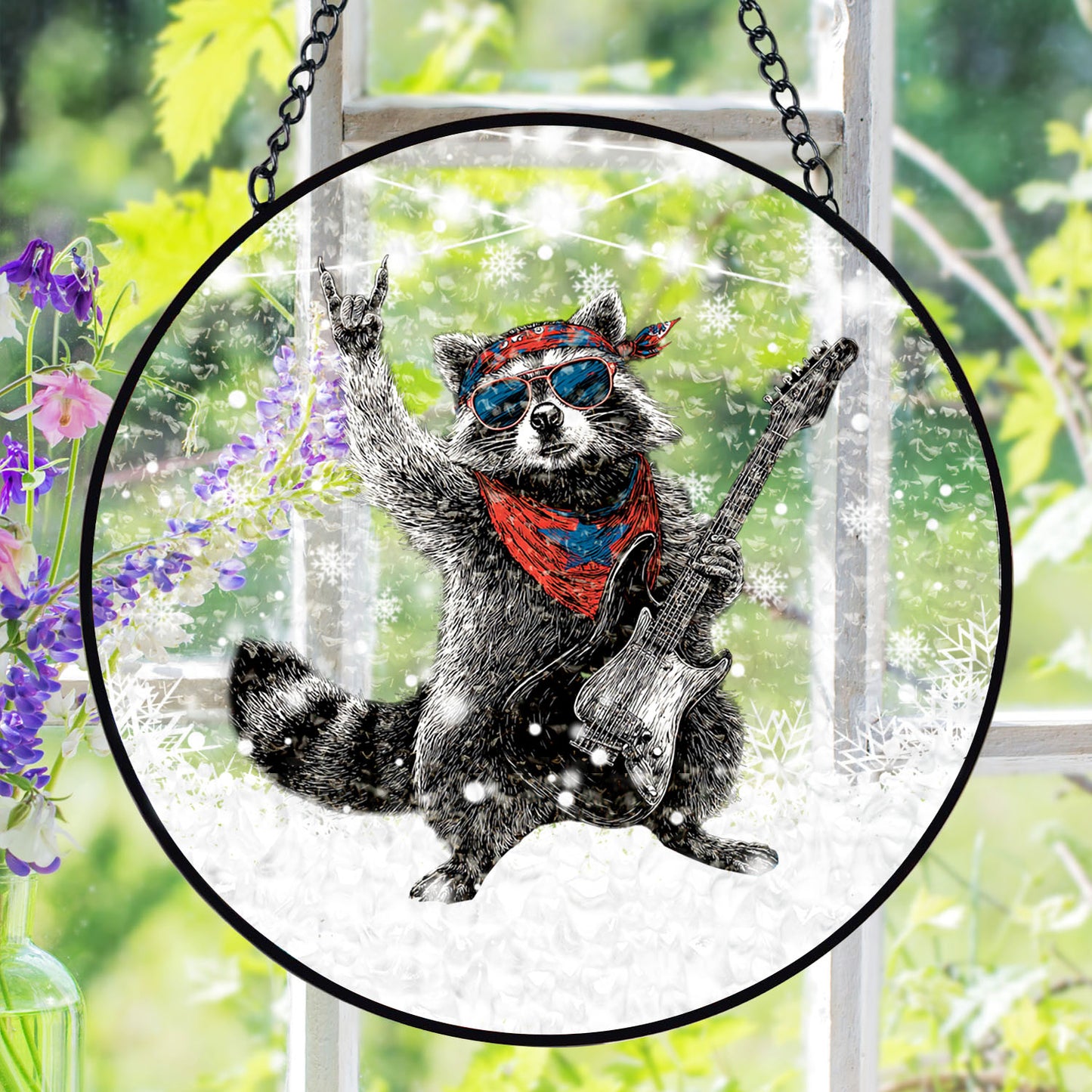 Rock Raccoon Guitar Suncatcher, Stained Glass Window Hanging, Music Lover Gift