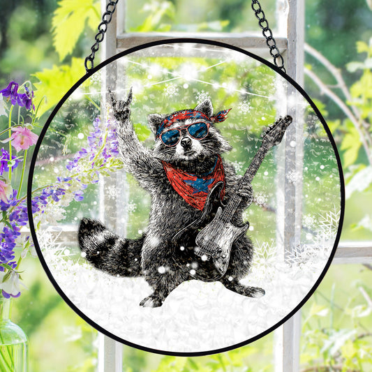 Rock Raccoon Guitar Suncatcher, Stained Glass Window Hanging, Music Lover Gift
