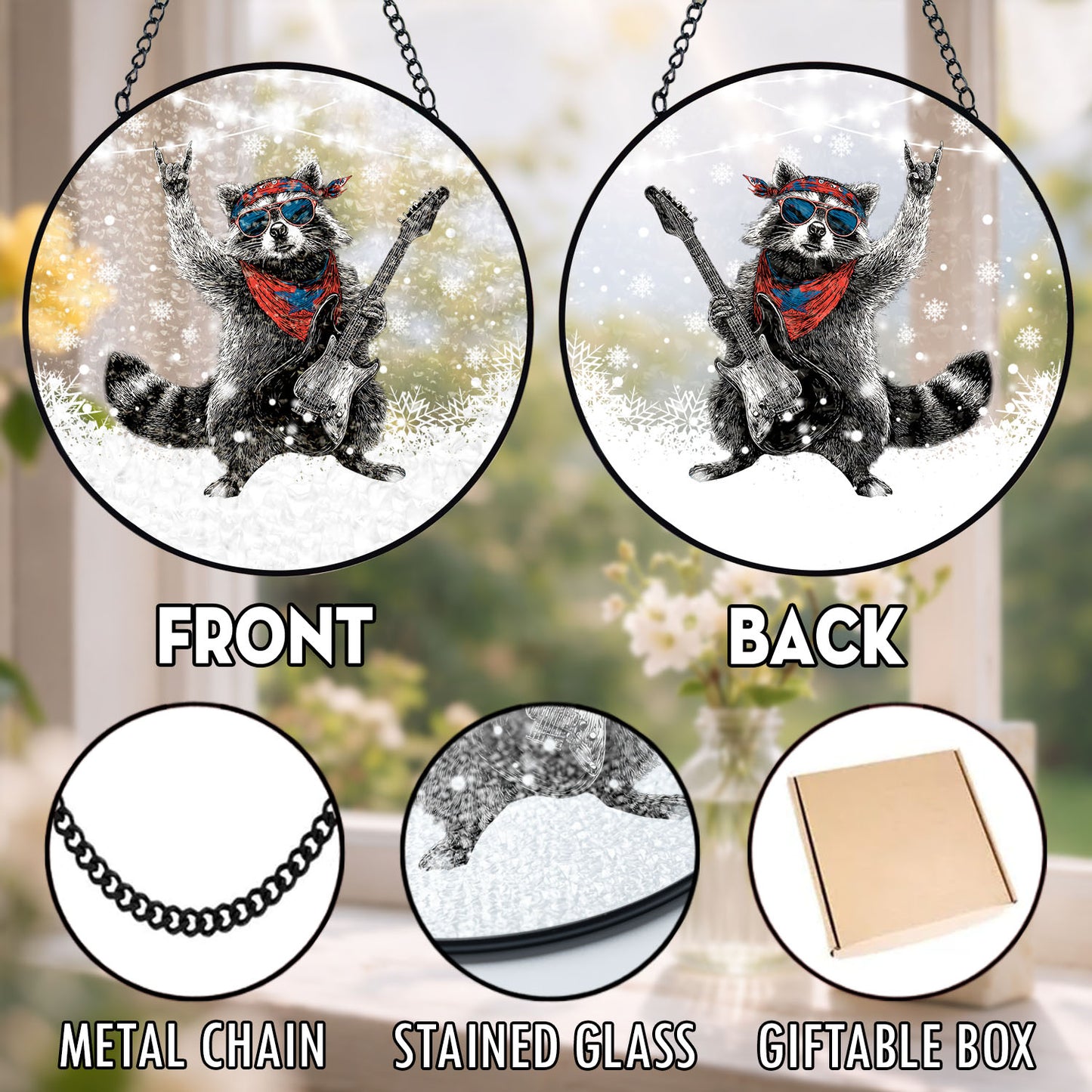 Rock Raccoon Guitar Suncatcher, Stained Glass Window Hanging, Music Lover Gift