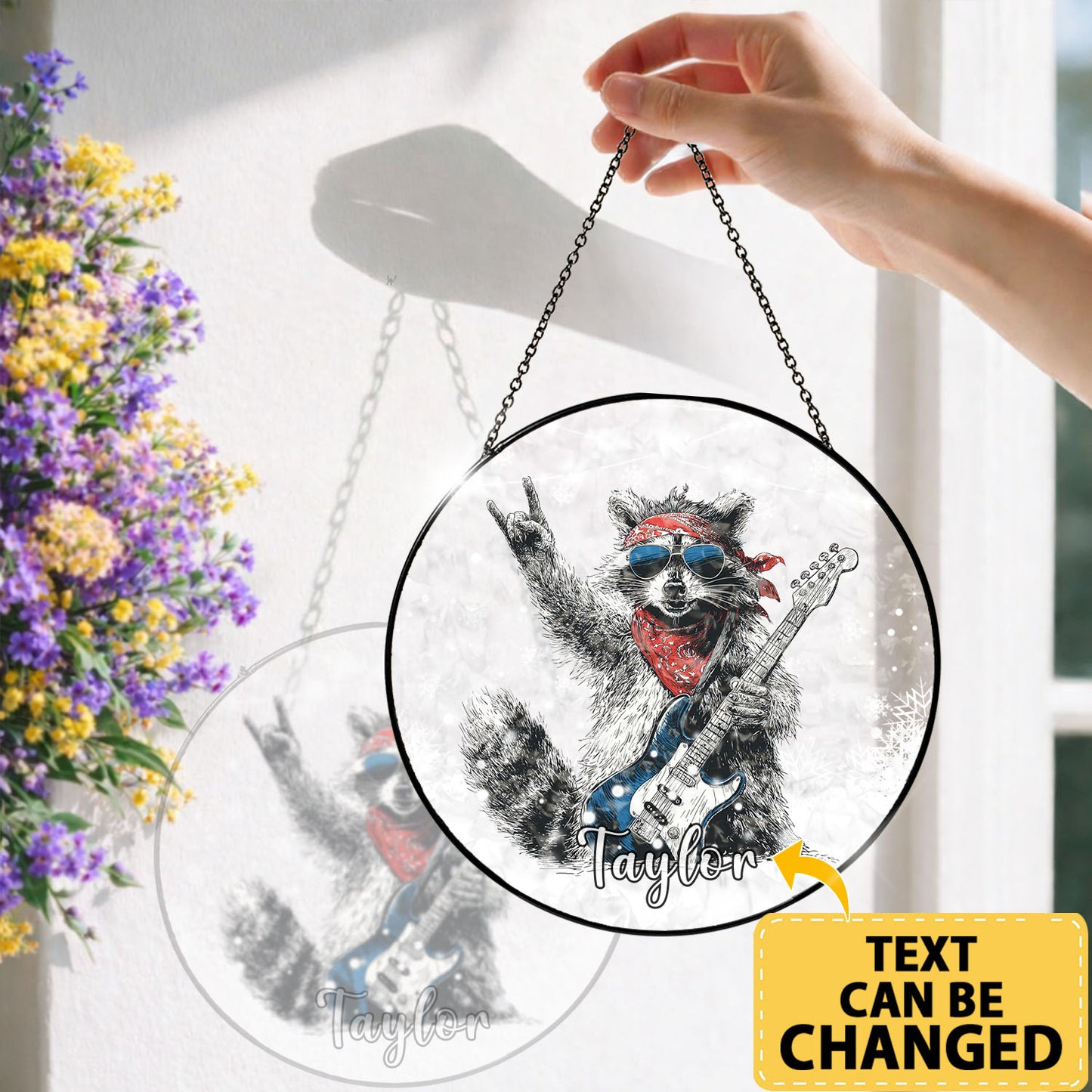 Rock & Roll Raccoon Suncatcher, Stained Glass Window Hanging, Music Lover Gift