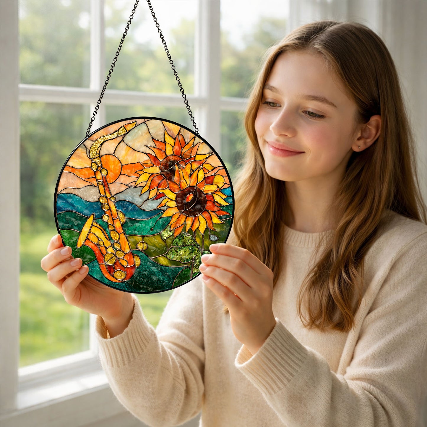 Saxophone Suncatcher, Sunflower Stained Glass Window Hanging, Music Lover Gift