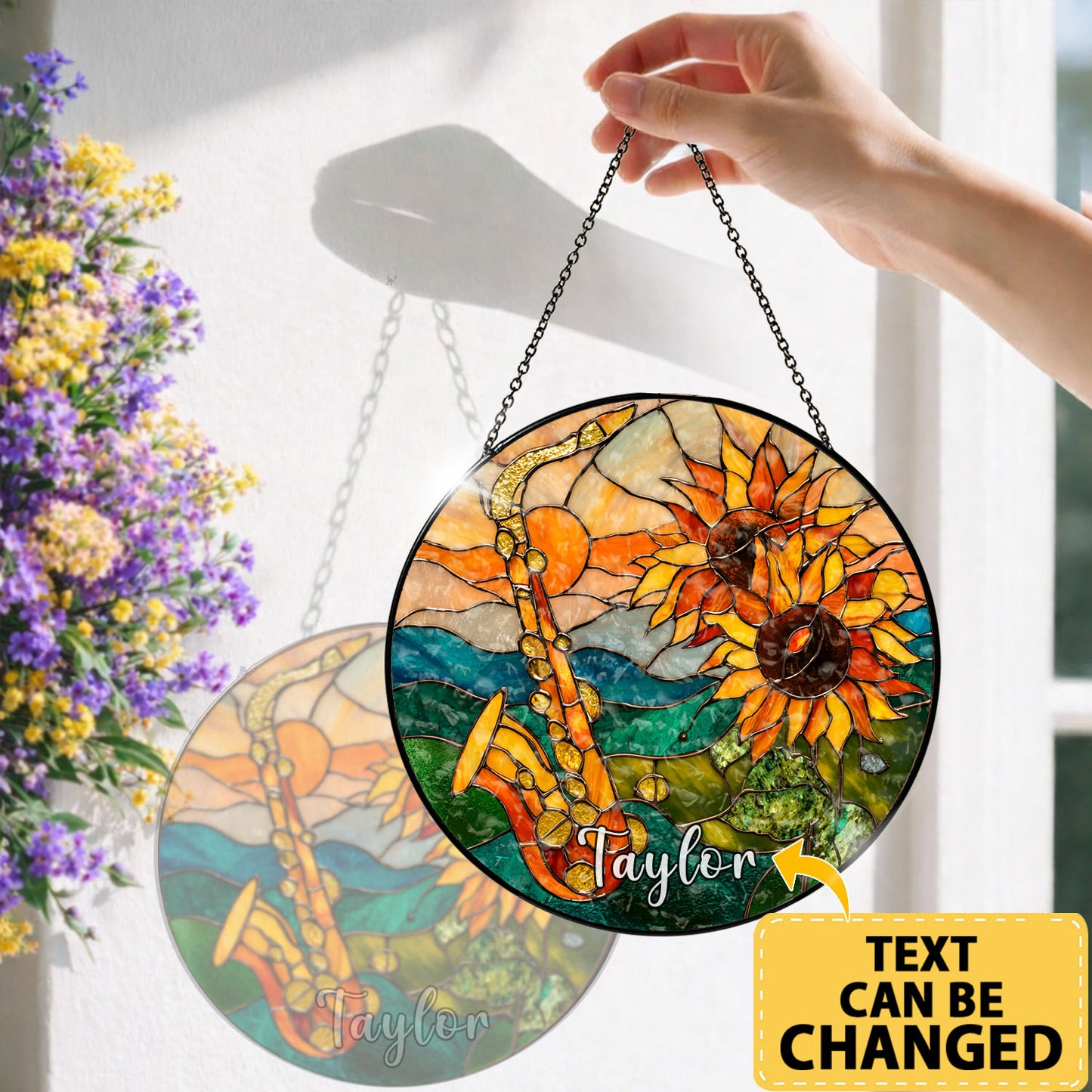 Saxophone Suncatcher, Sunflower Stained Glass Window Hanging, Music Lover Gift