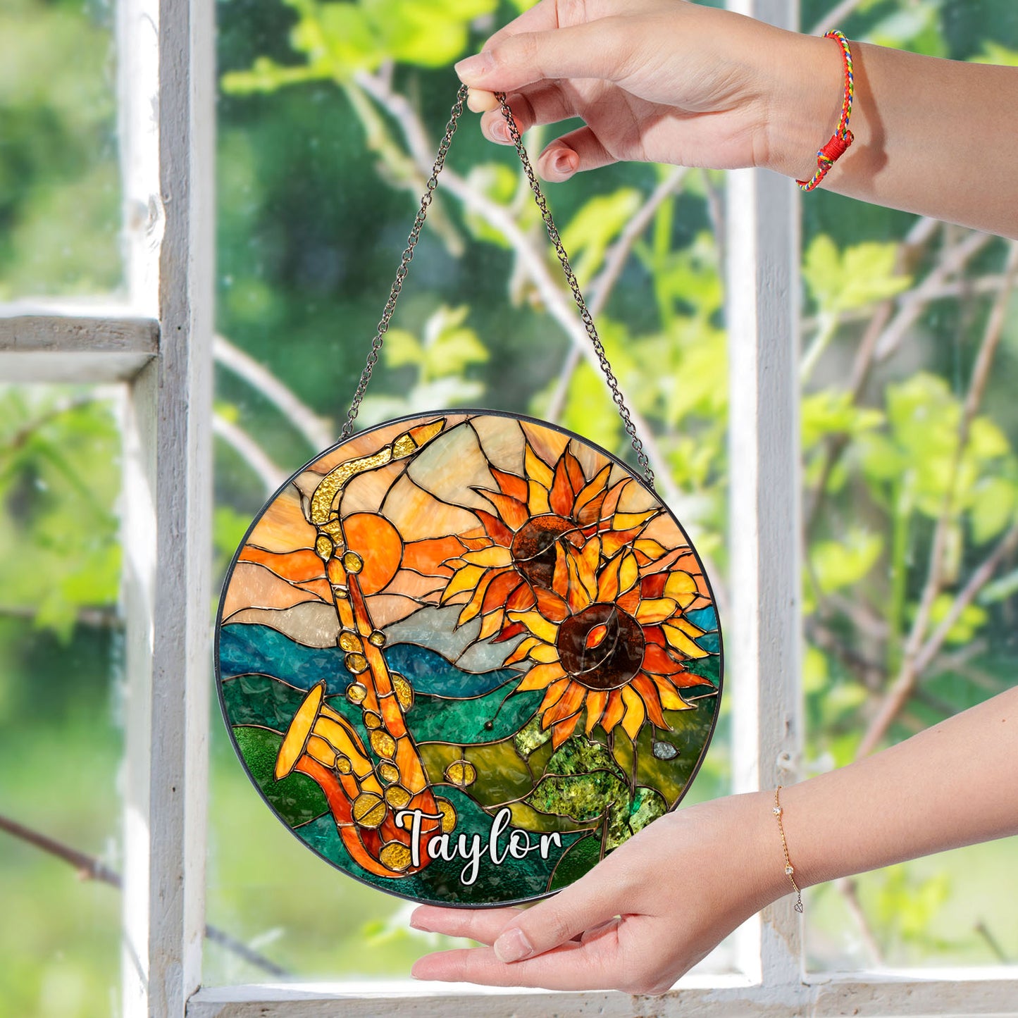 Saxophone Suncatcher, Sunflower Stained Glass Window Hanging, Music Lover Gift