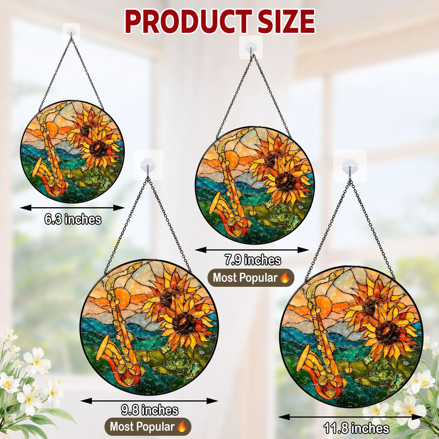 Saxophone Suncatcher, Sunflower Stained Glass Window Hanging, Music Lover Gift