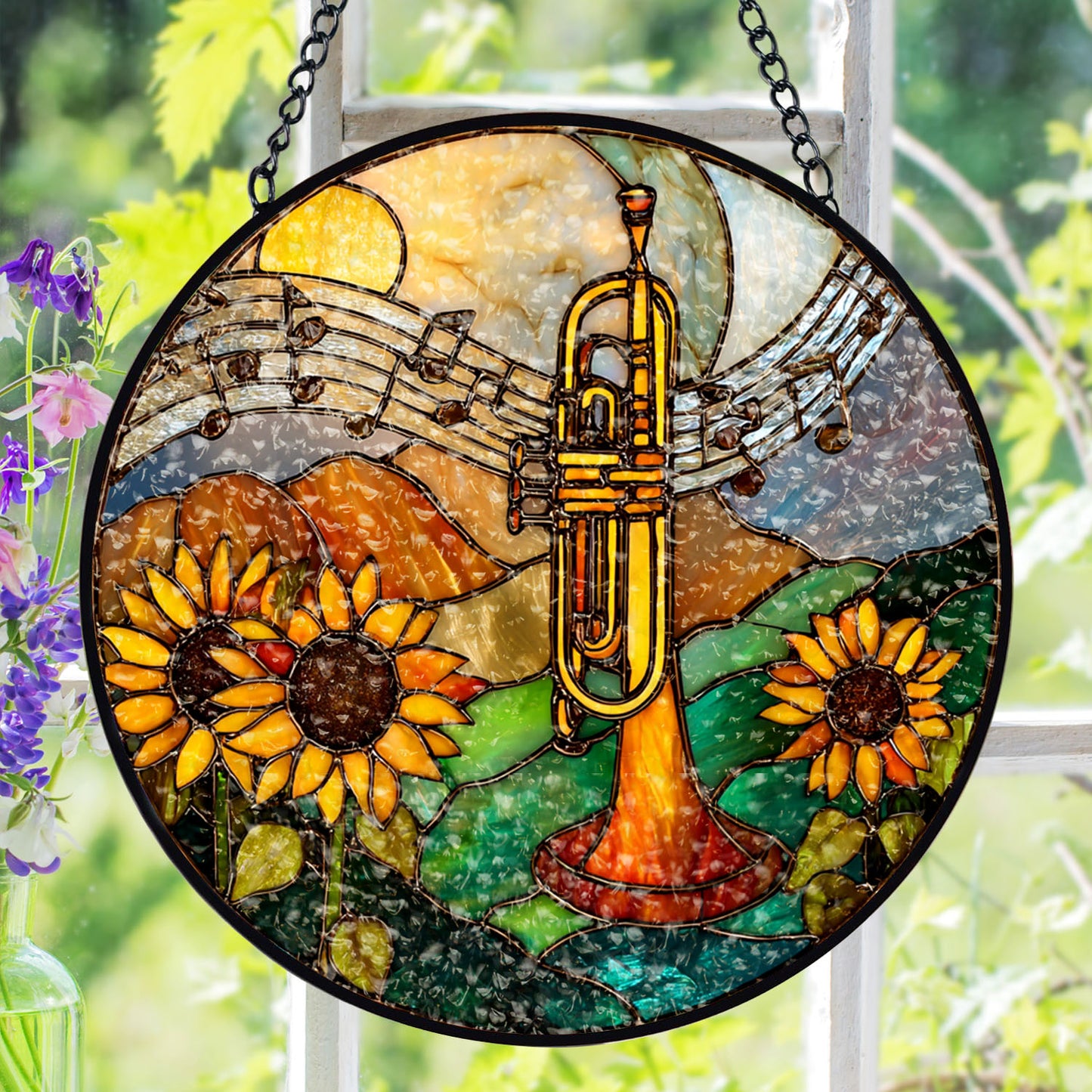 Trumpet Suncatcher, Sunflower Stained Glass Window Hanging, Music Lover Gift
