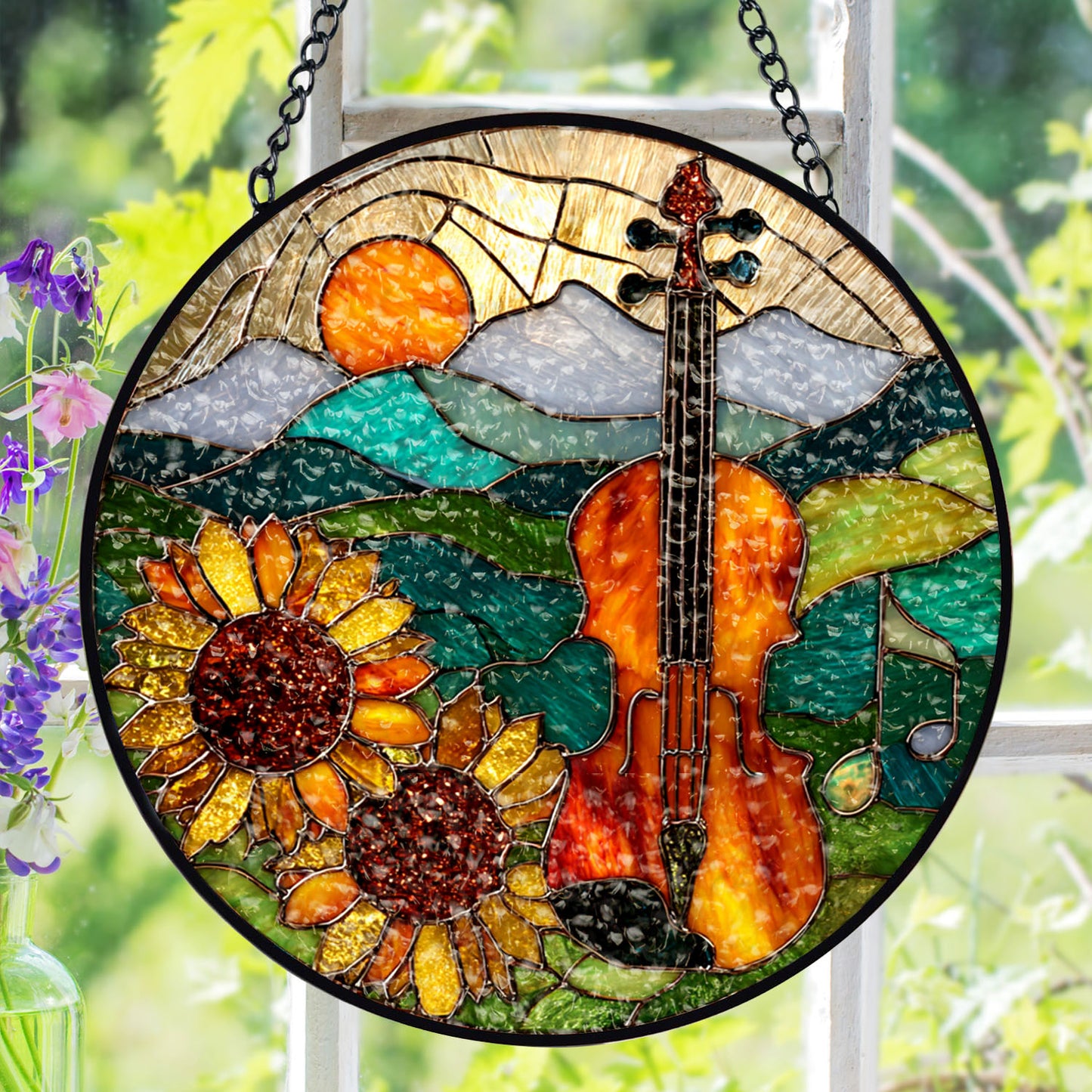 Violin Suncatcher, Sunflower Stained Glass Window Hanging, Music Lover Gift