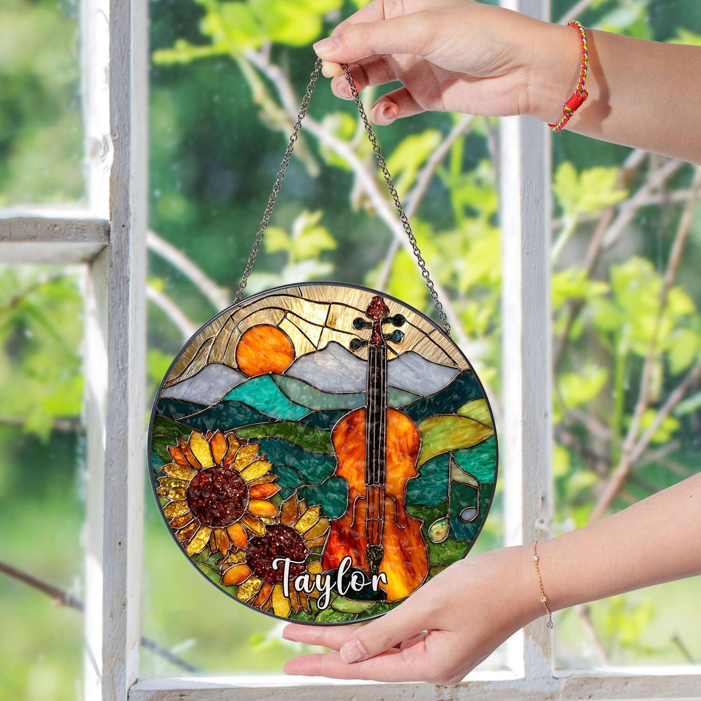 Violin Suncatcher, Sunflower Stained Glass Window Hanging, Music Lover Gift