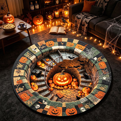 Halloween Round Rug 3D Spiral Staircase Pumpkins Patchwork