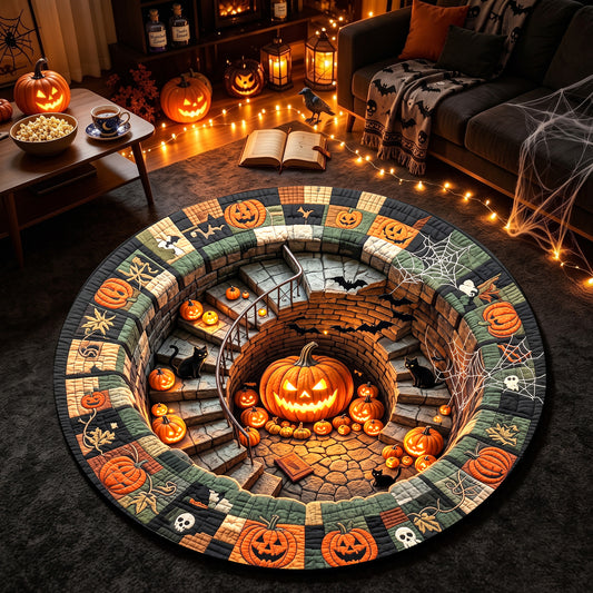 Halloween Round Rug 3D Spiral Staircase Pumpkins Patchwork