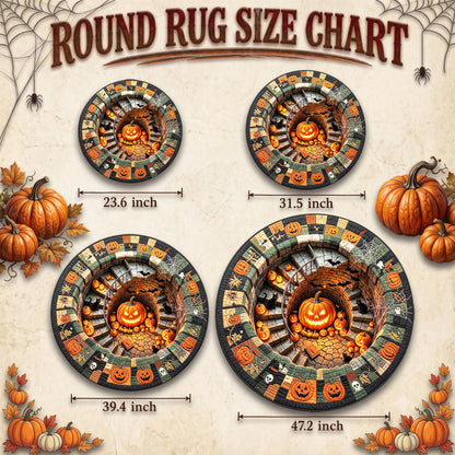 Halloween Round Rug 3D Spiral Staircase Pumpkins Patchwork