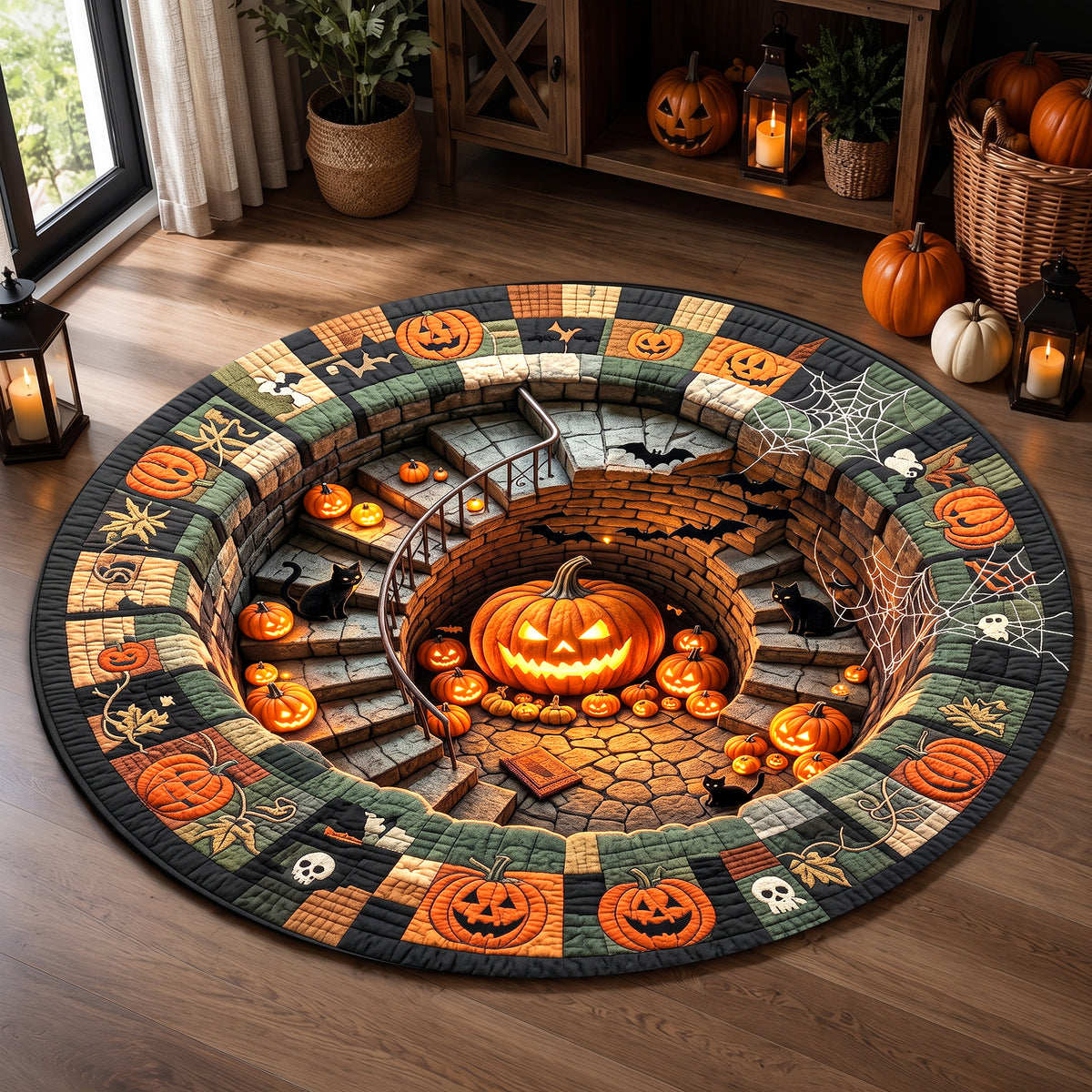 Halloween Round Rug 3D Spiral Staircase Pumpkins Patchwork