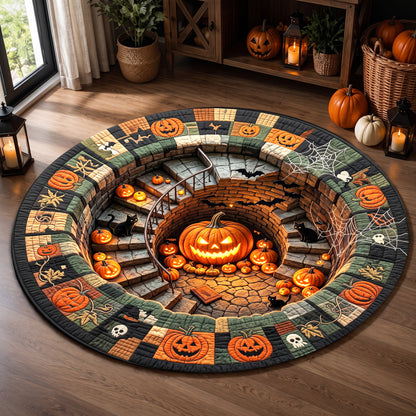 Halloween Round Rug 3D Spiral Staircase Pumpkins Patchwork