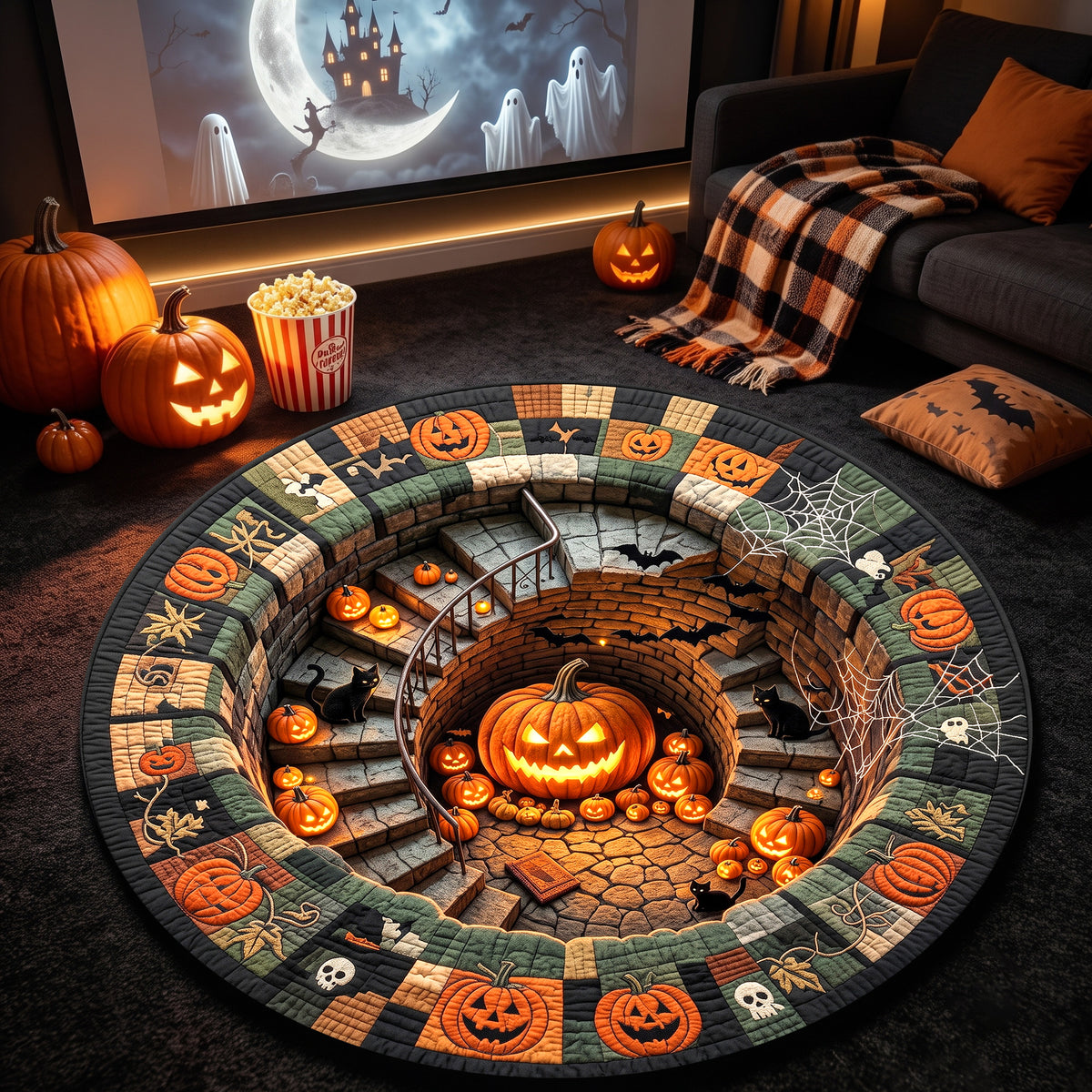 Halloween Round Rug 3D Spiral Staircase Pumpkins Patchwork