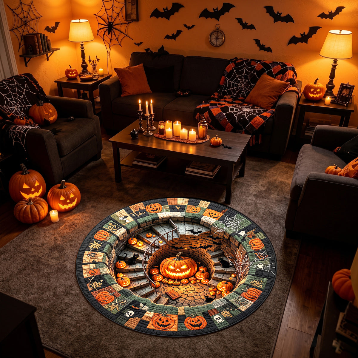Halloween Round Rug 3D Spiral Staircase Pumpkins Patchwork