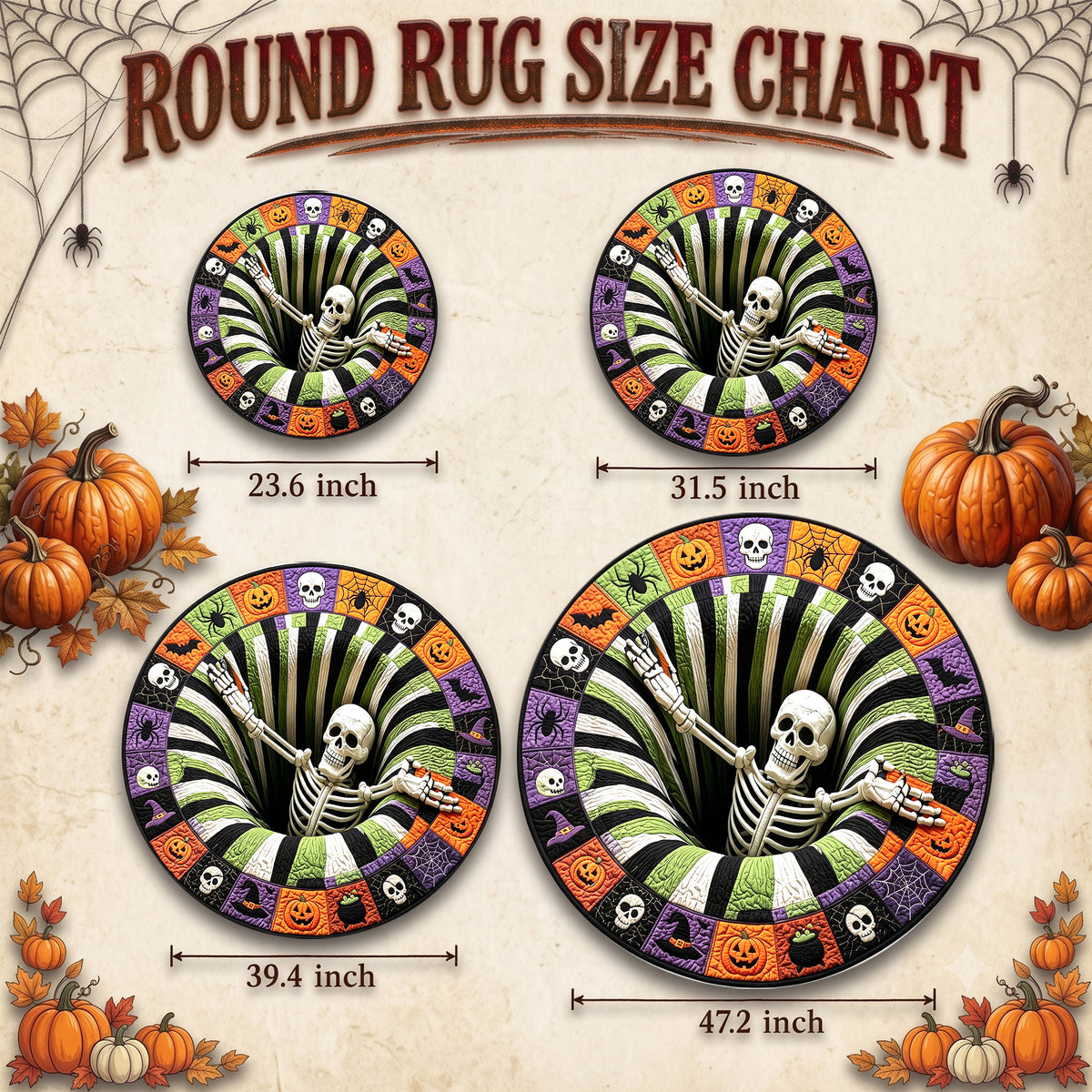Halloween Round Rug 3D Striped Vortex Skeleton