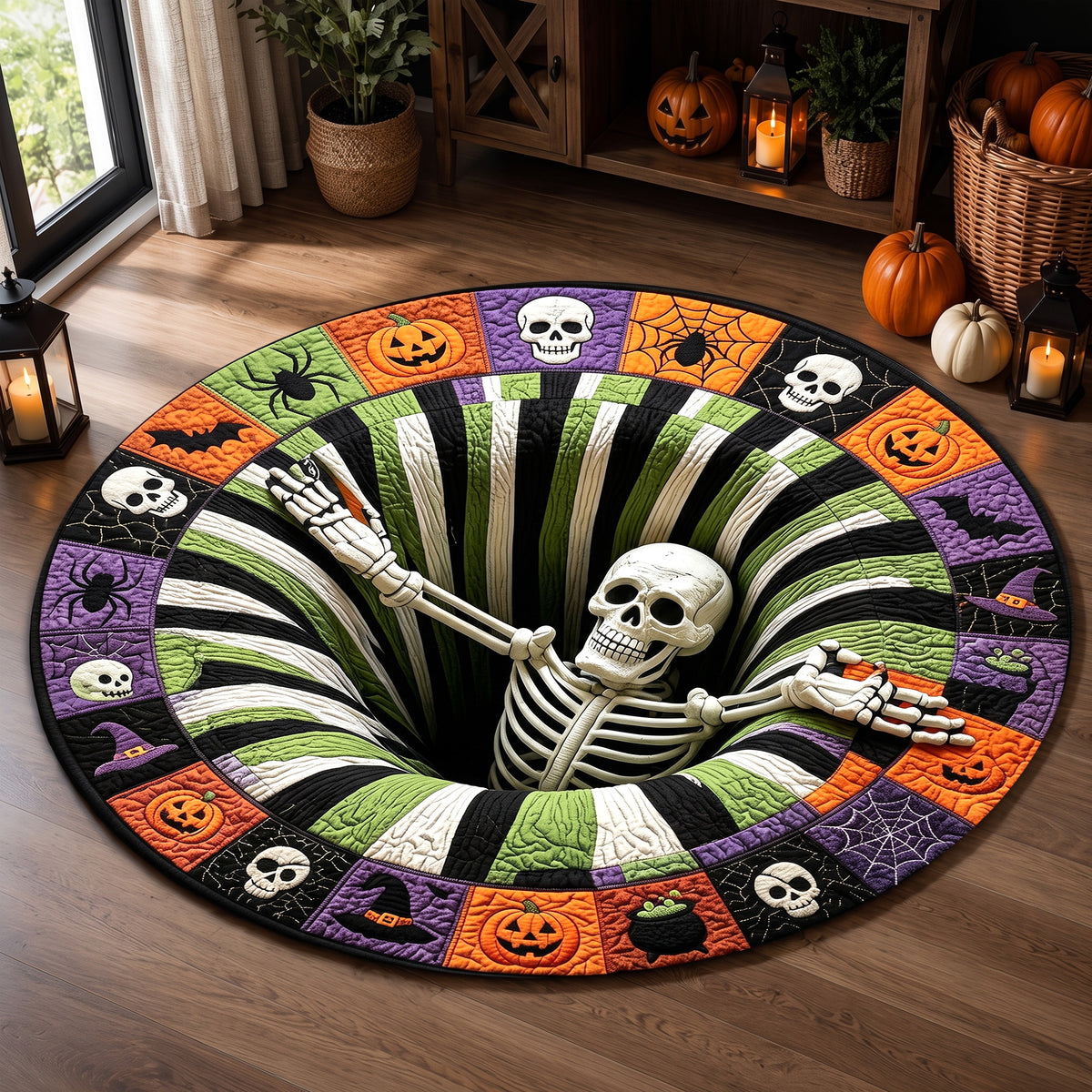 Halloween Round Rug 3D Striped Vortex Skeleton