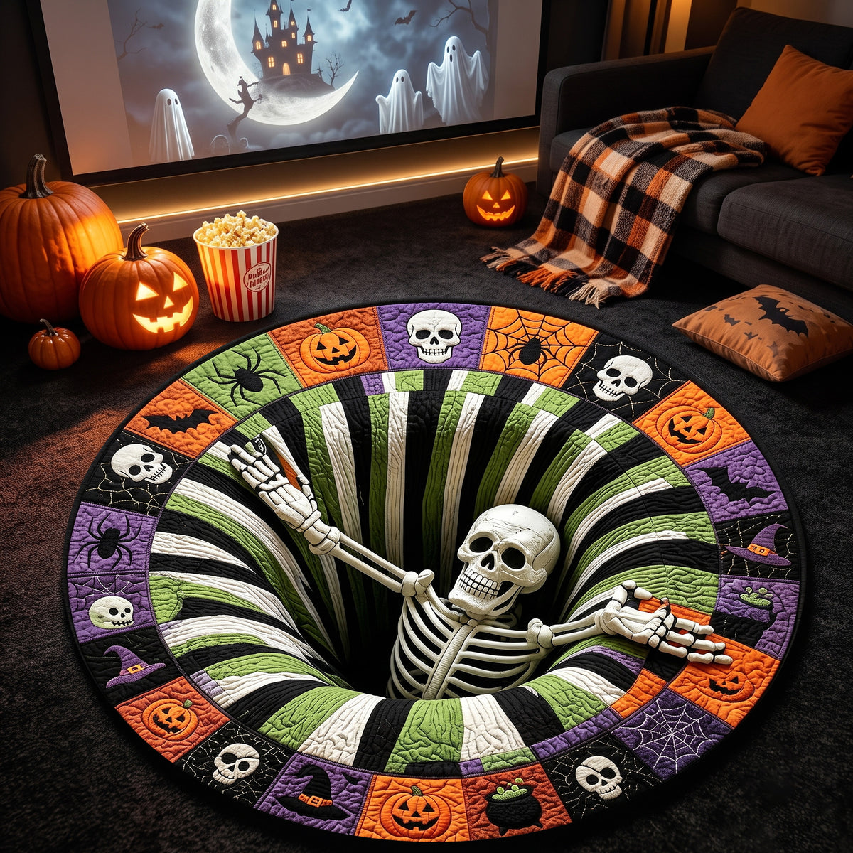 Halloween Round Rug 3D Striped Vortex Skeleton