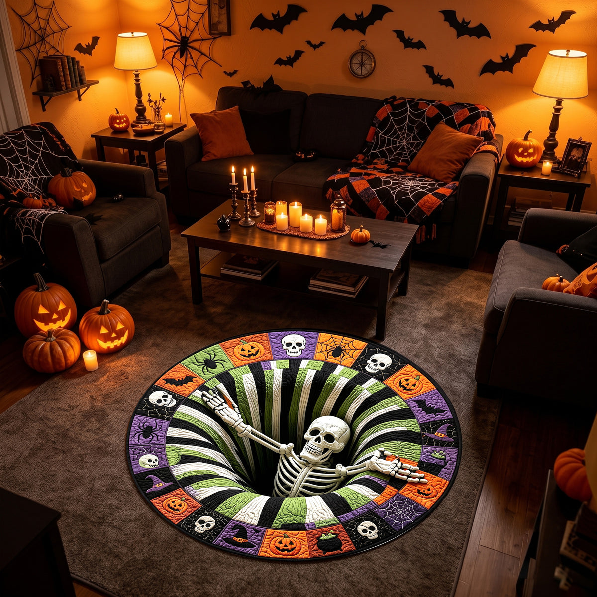 Halloween Round Rug 3D Striped Vortex Skeleton