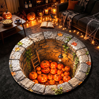 Halloween Round Rug Spooky 3D Stone Well Pumpkins